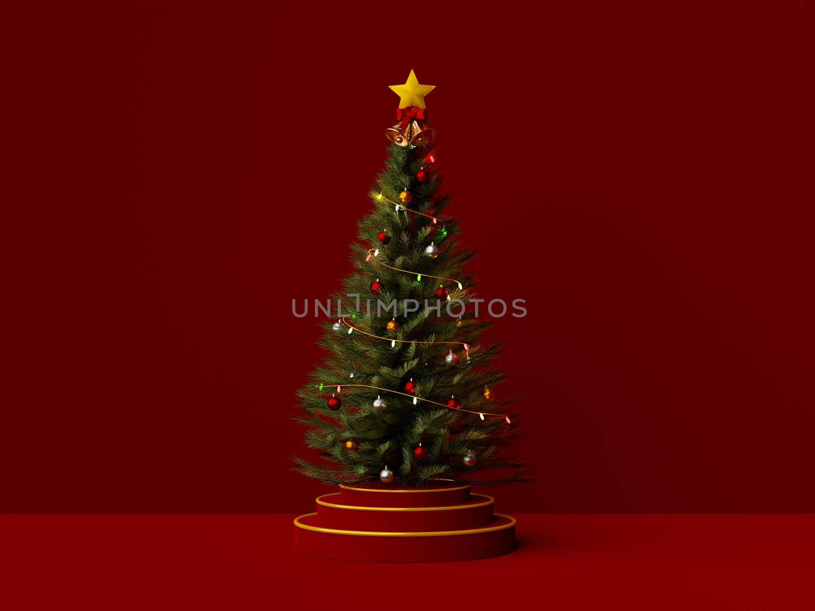 Christmas tree on podium on red background, 3d illustration by nutzchotwarut