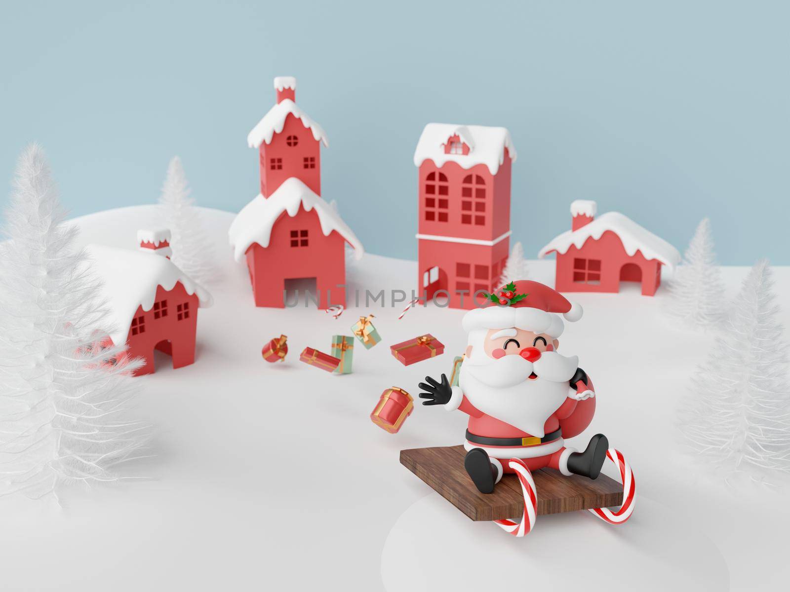 Santa Claus on sleigh to give Christmas gift in the village, 3d illustration by nutzchotwarut