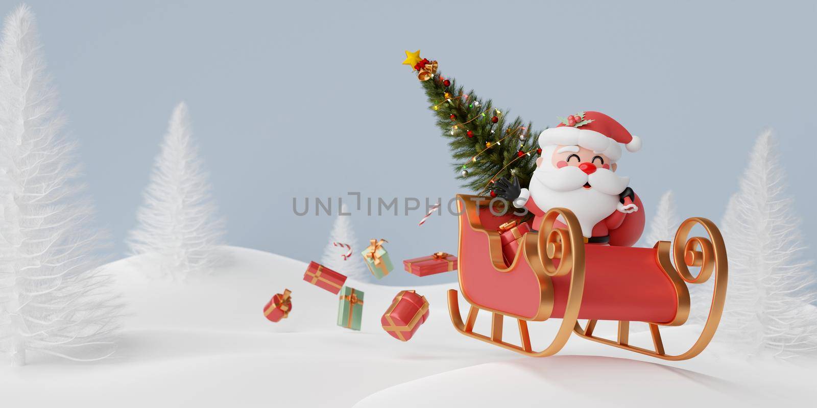 Santa Claus on sleigh with Christmas gift in pine forest, Merry Christmas, 3d illustration