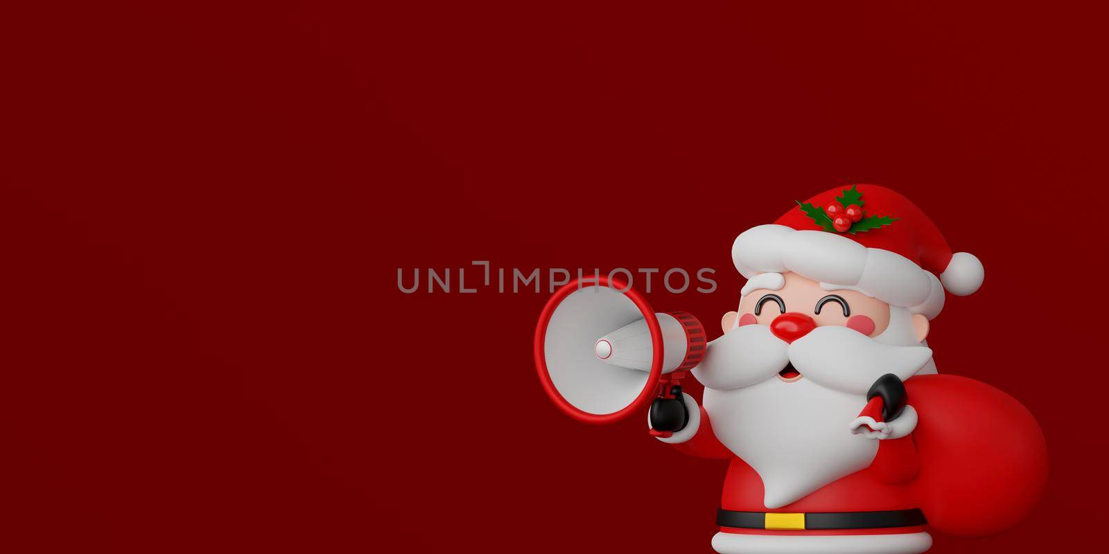 3d illustration Christmas banner, Santa Claus hold megaphone for advertisement