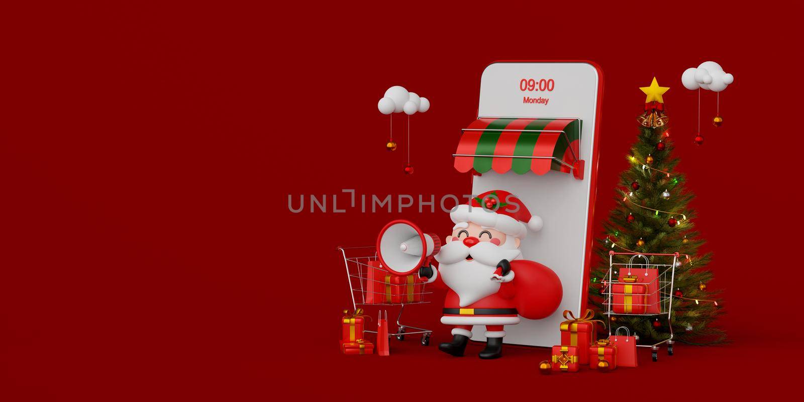 Christmas shopping online on mobile concept, Santa Claus holding megaphone with gift box in front of mobile shop, 3d illustration by nutzchotwarut