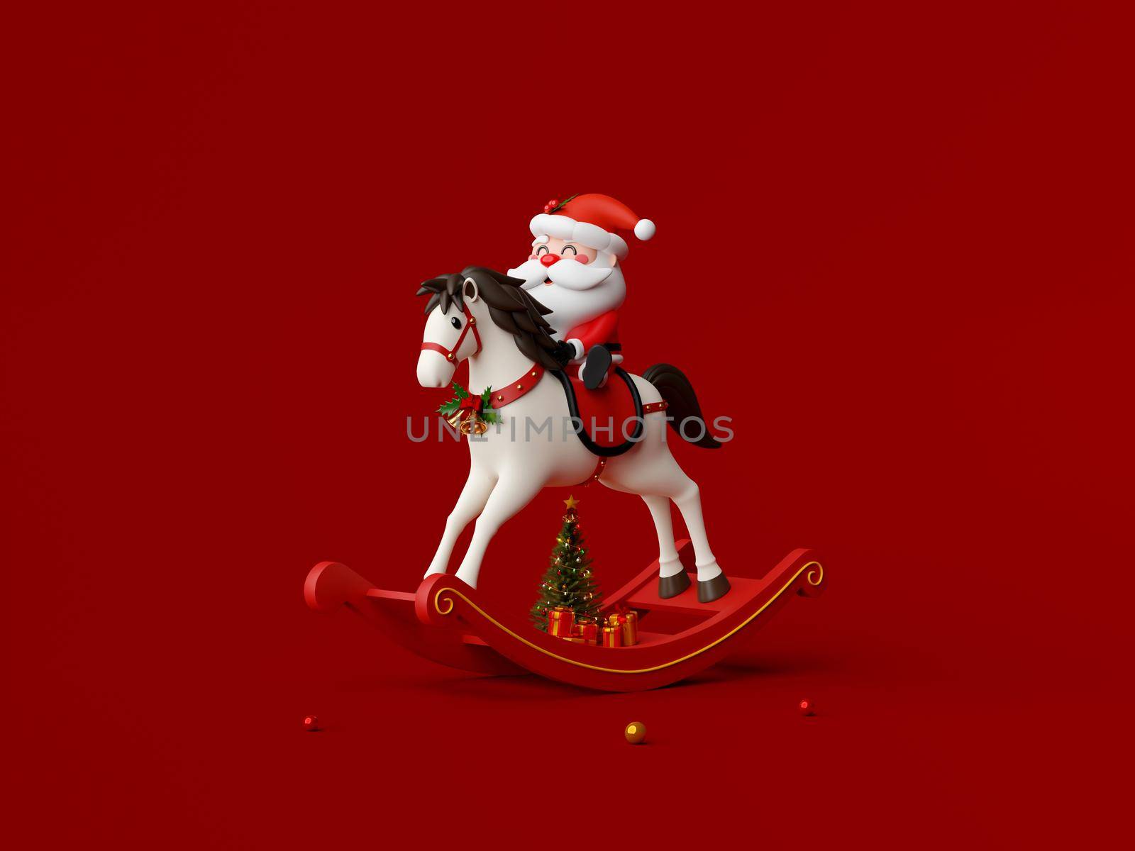 3d illustration of Santa Claus riding rocking horse on red background