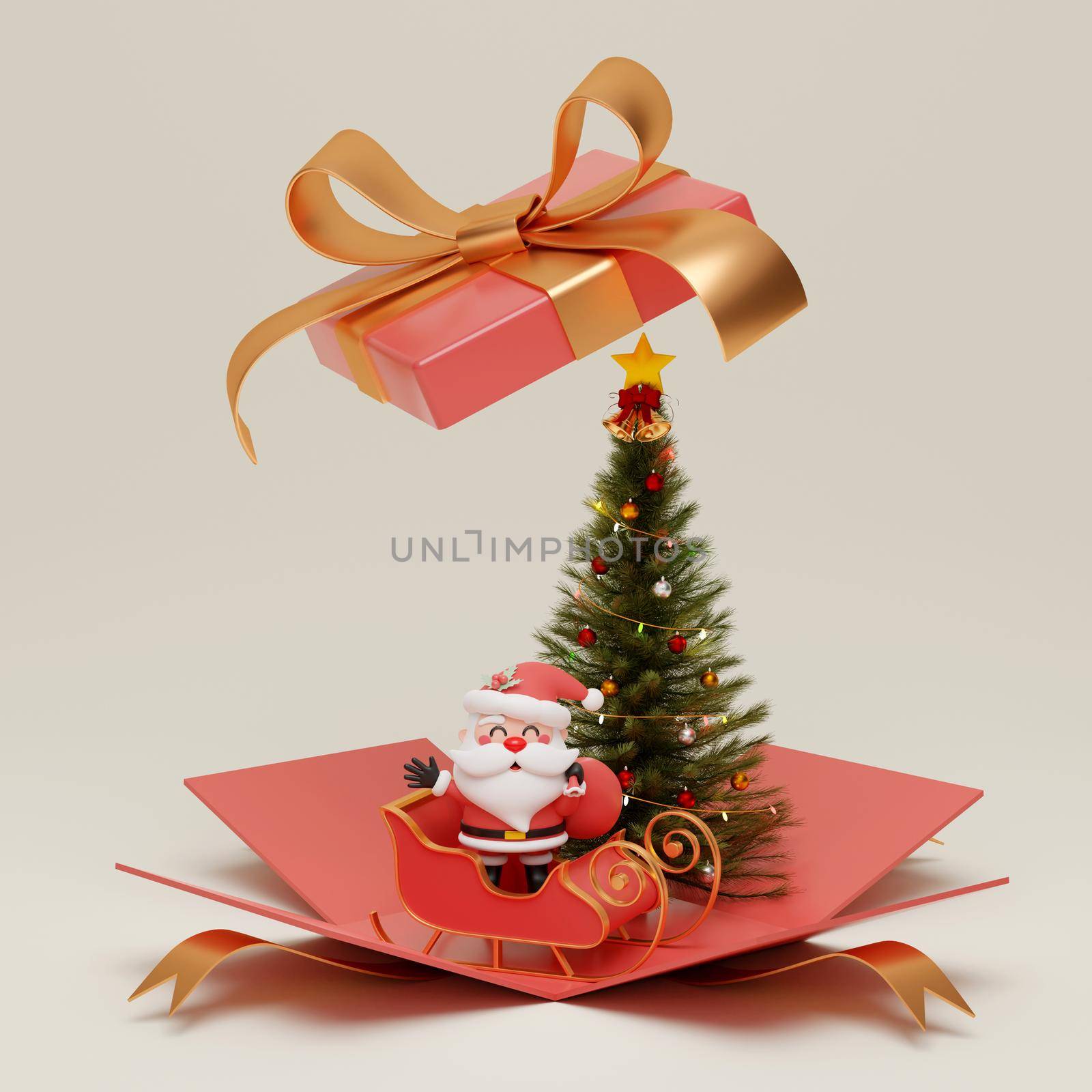 Santa Claus on sleigh with Christmas tree in opened gift box by nutzchotwarut