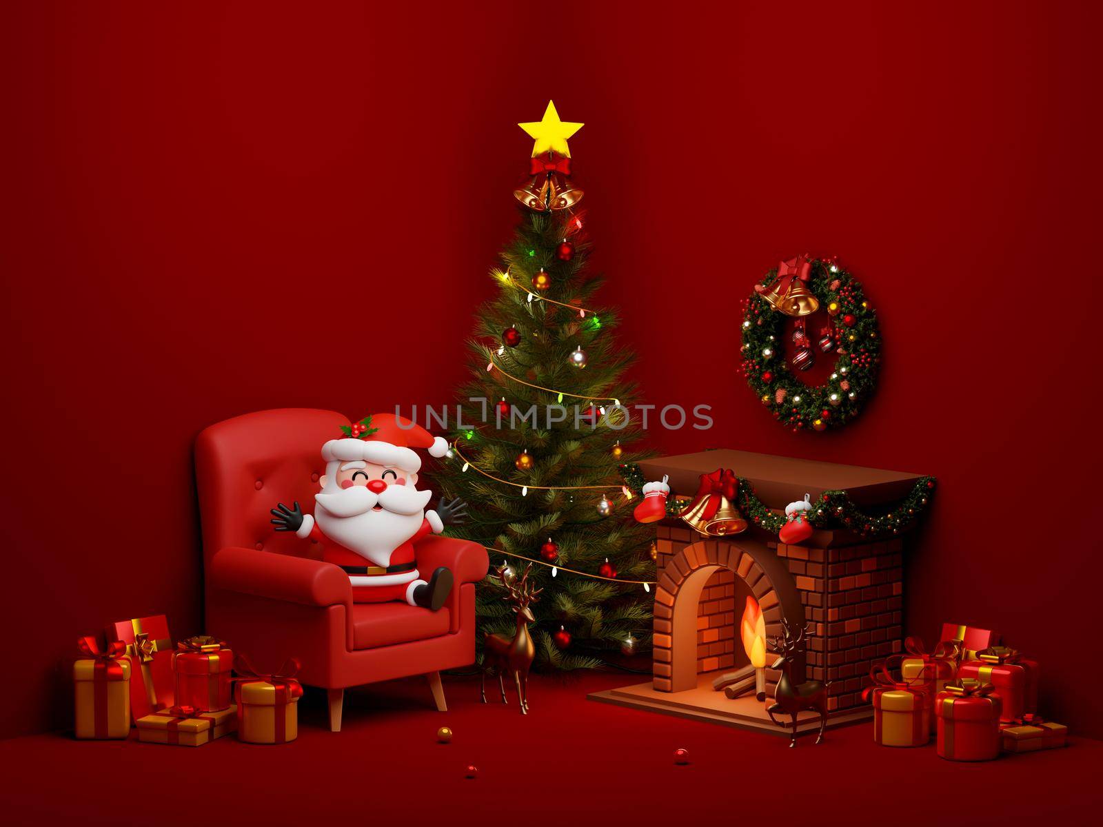 Santa Claus sitting in front of fireplace in room decorated by Christmas tree and gift box, 3d illustration