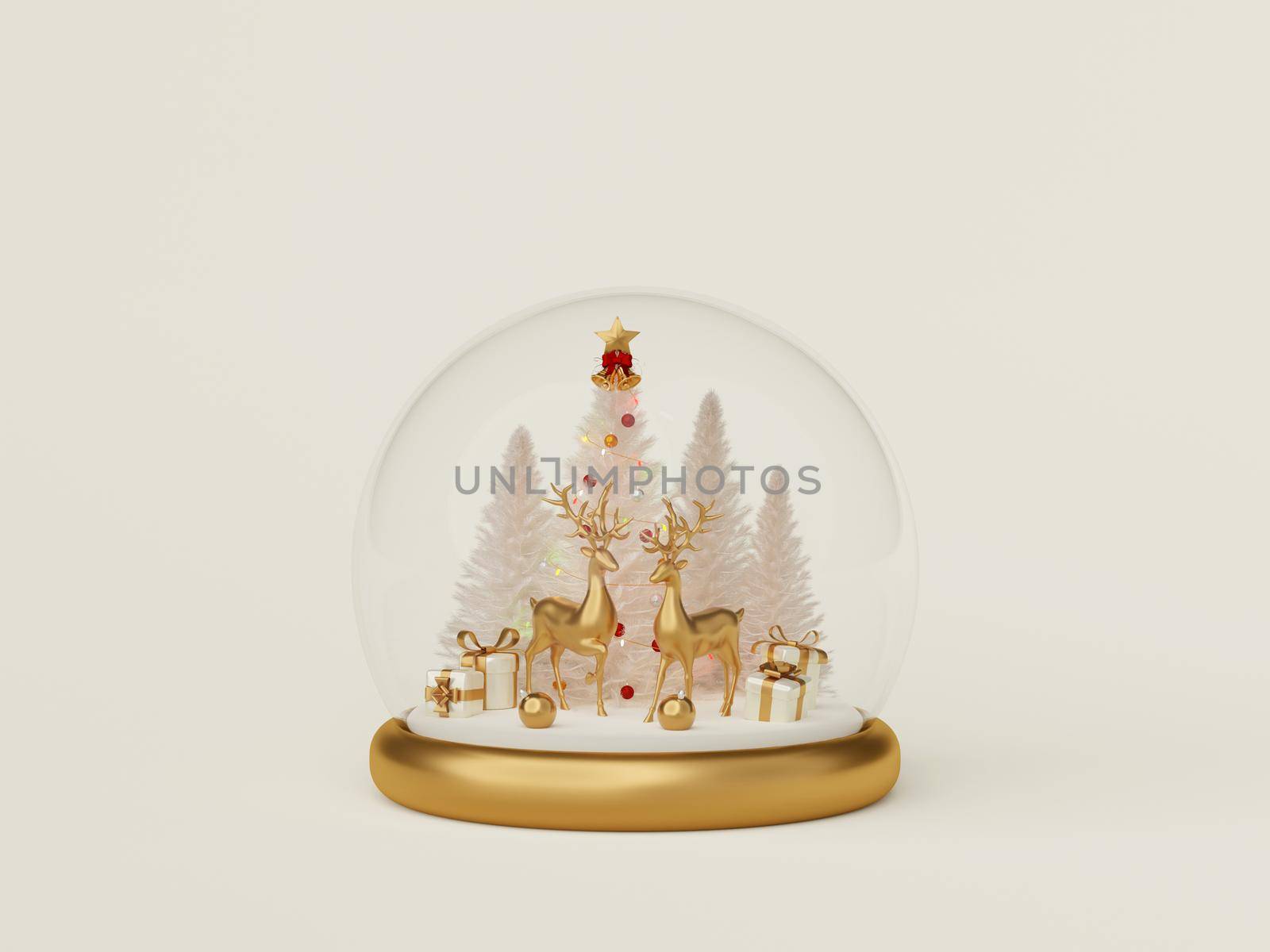 3d illustration of Reindeer with Christmas tree and gift box in snow globe