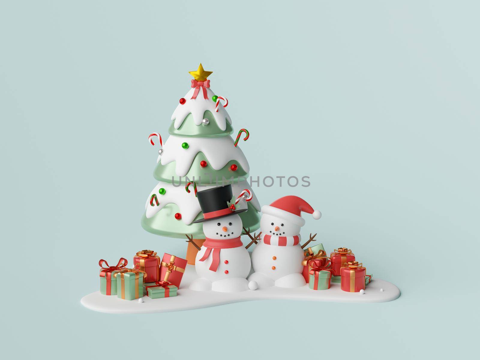 Christmas theme banner of Snowman with Christmas tree and gift box, 3d illustration by nutzchotwarut