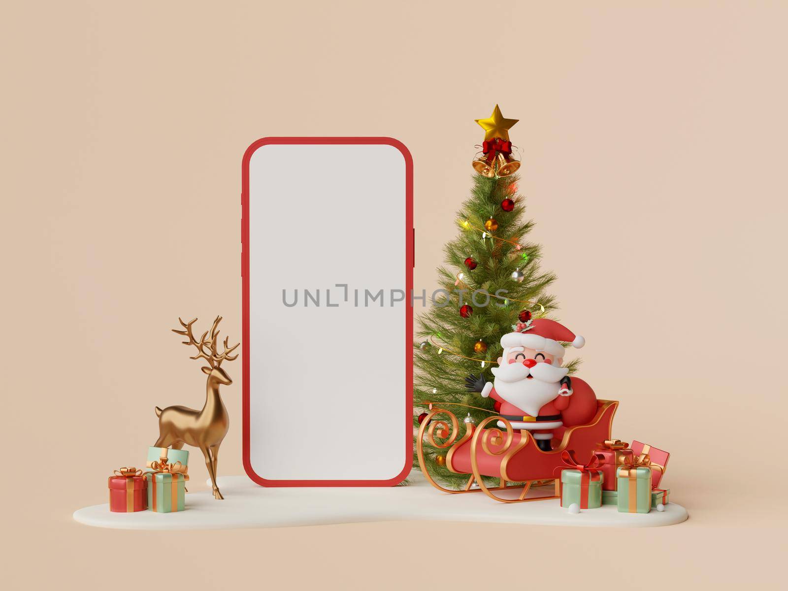 Christmas shopping online on mobile concept, Blank screen mobile with Santa Claus, Christmas tree and decoration on snow ground, 3d illustration