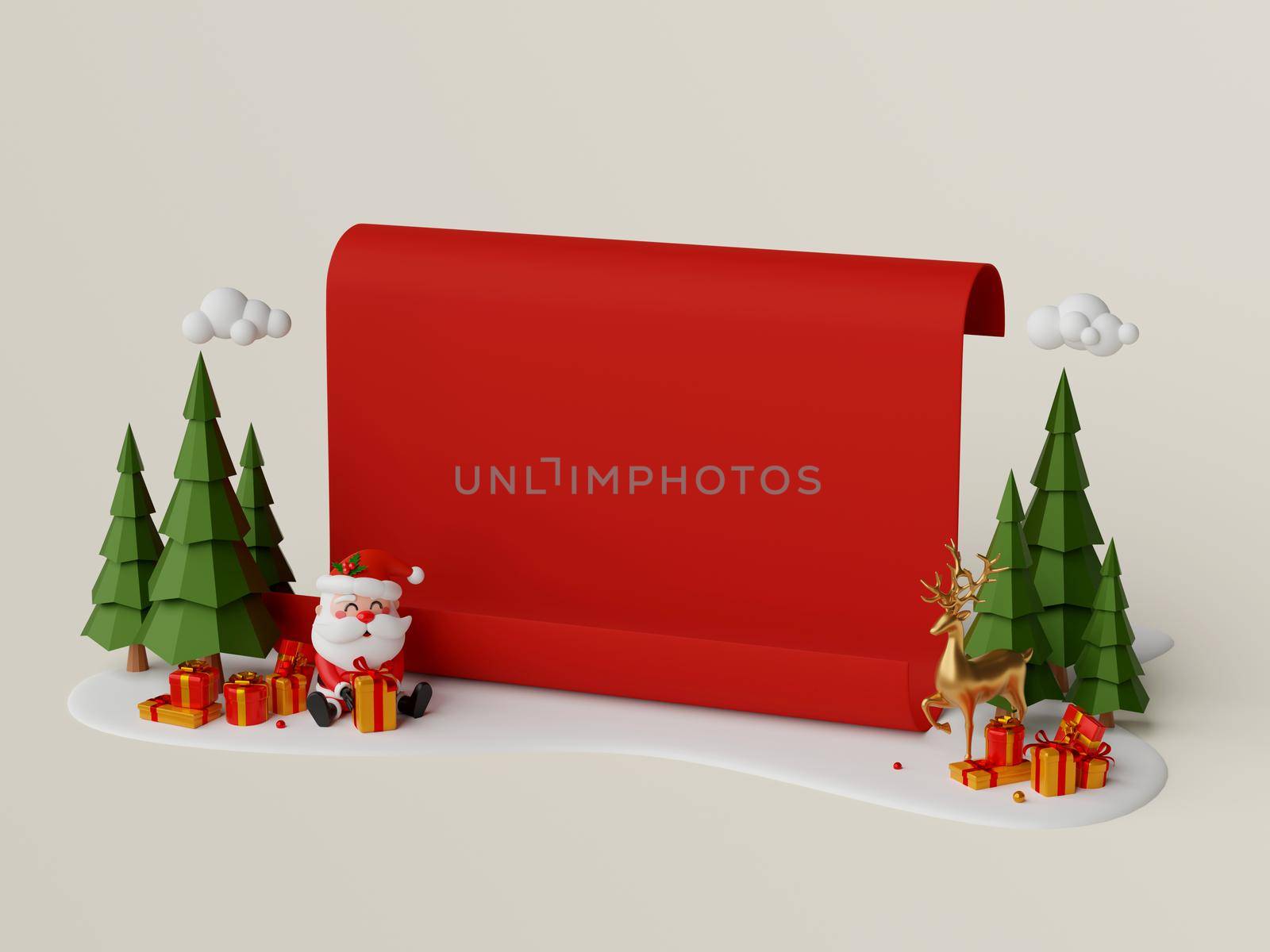 3d illustration of Christmas red paper on snow ground with Santa Claus and giftbox