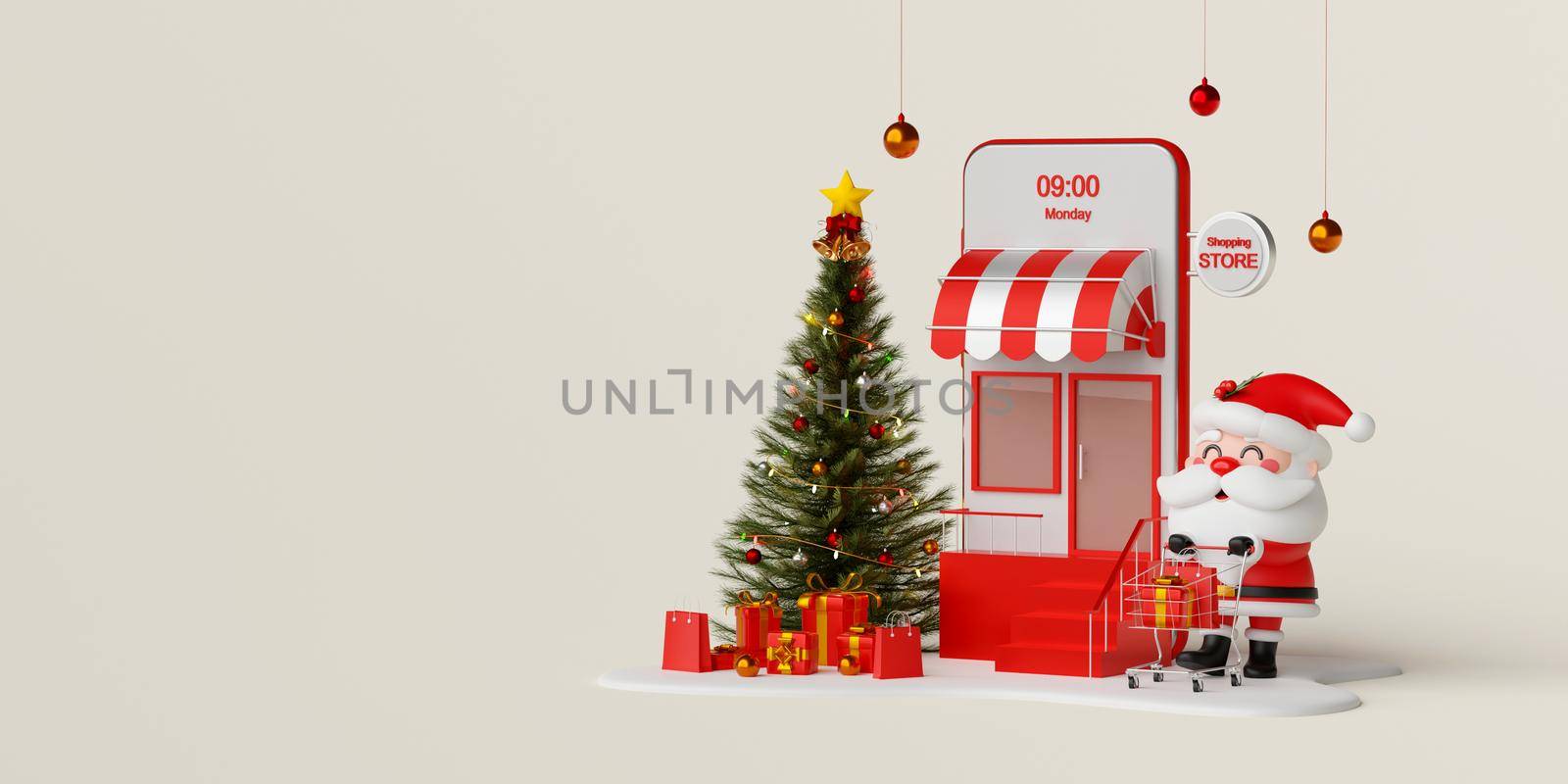Christmas shopping online on mobile concept, Santa Claus pushing a shopping cart with gift box in front of mobile shop, 3d illustration