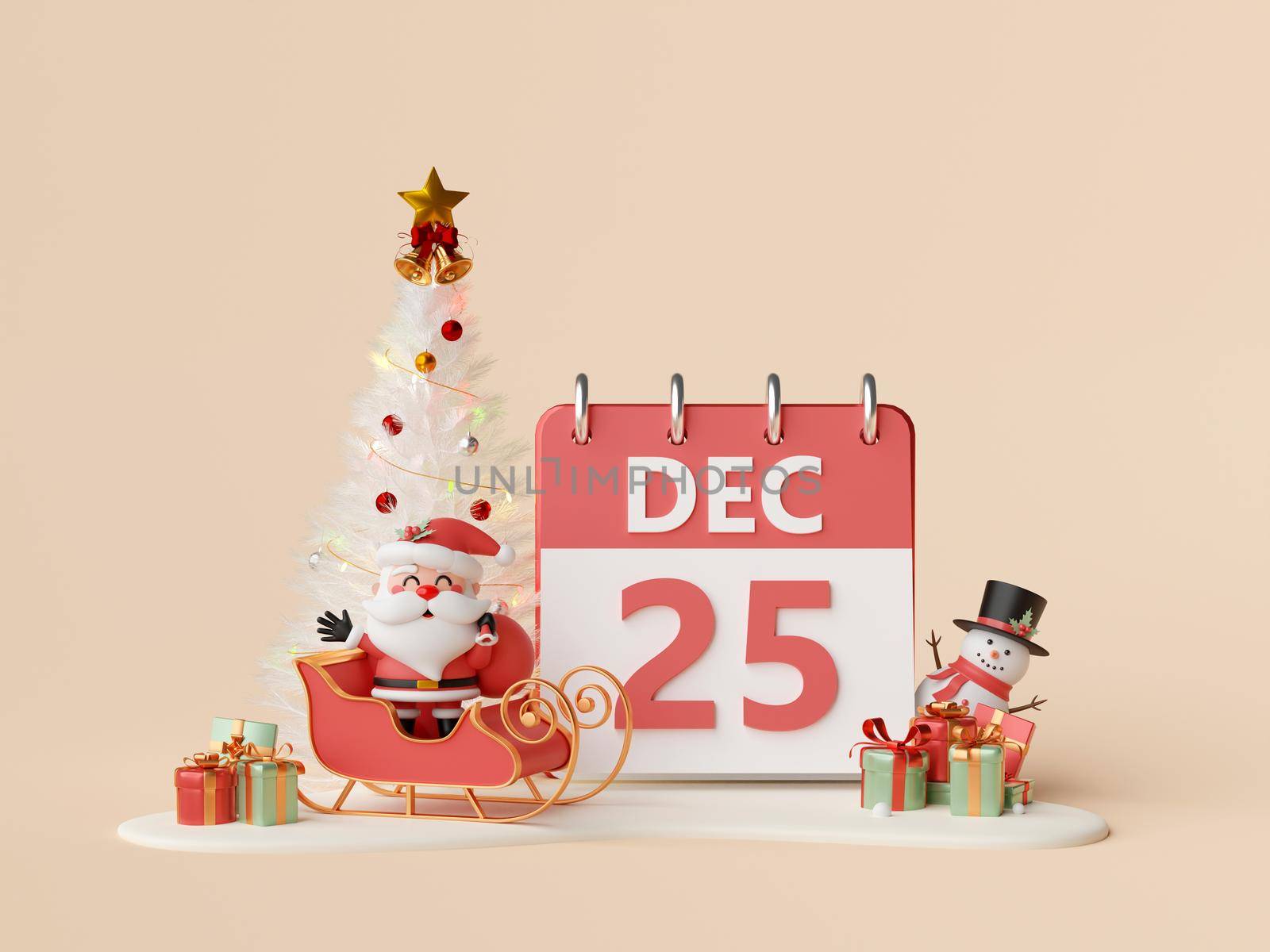 3d illustration of 25 Dec calendar with Santa Claus and Christmas tree, Merry Christmas