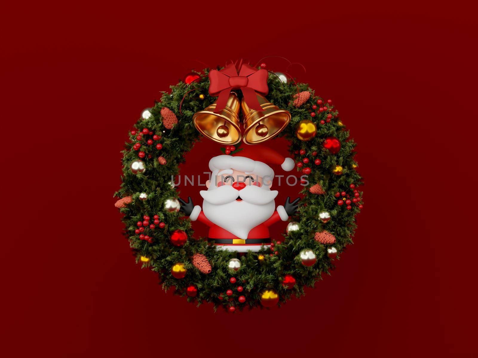 Christmas banner of Santa Claus with Christmas wreath on red background, 3d illustration