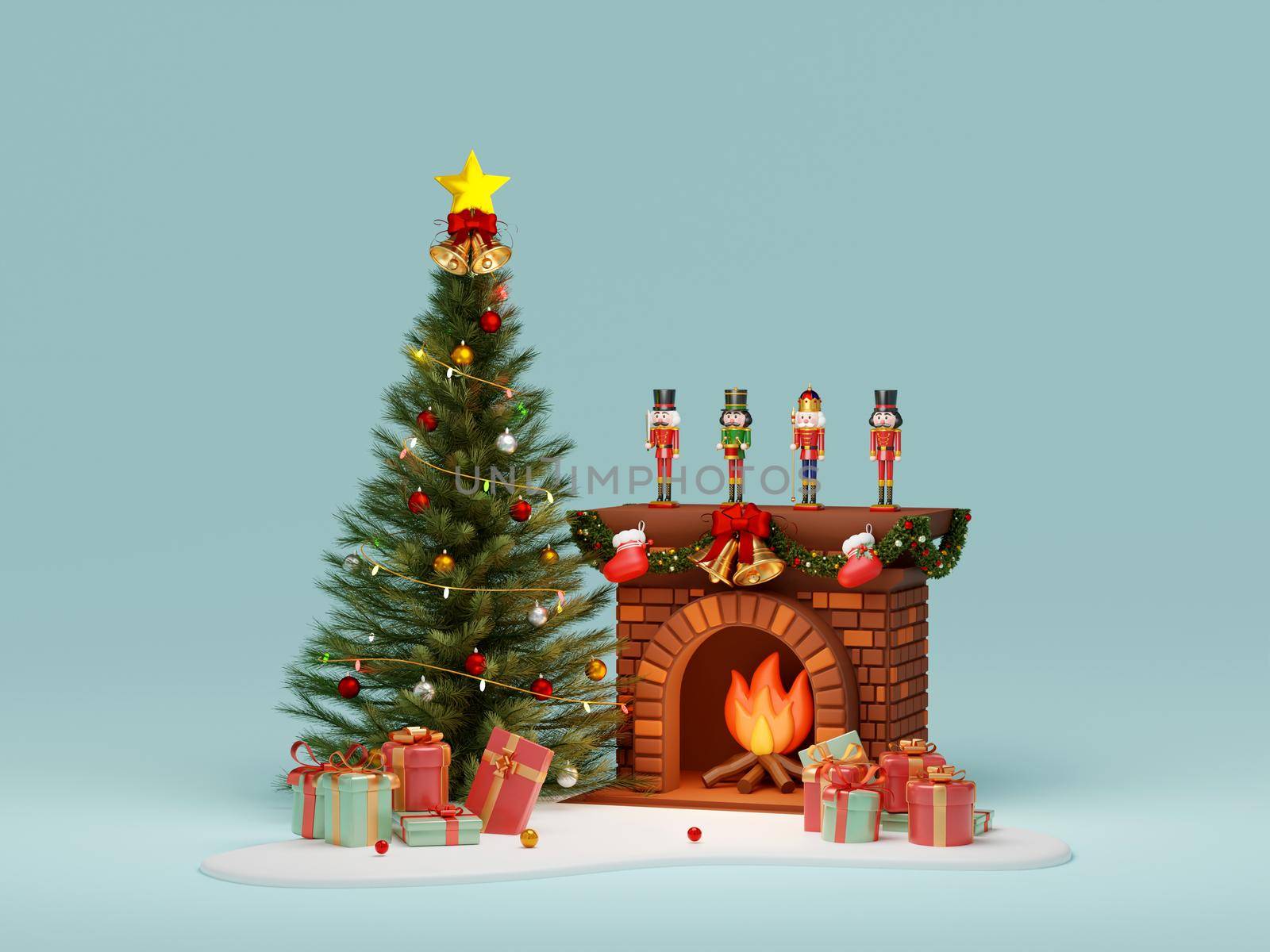 3d illustration Christmas banner of Christmas tree, fireplace and giftbox on blue background