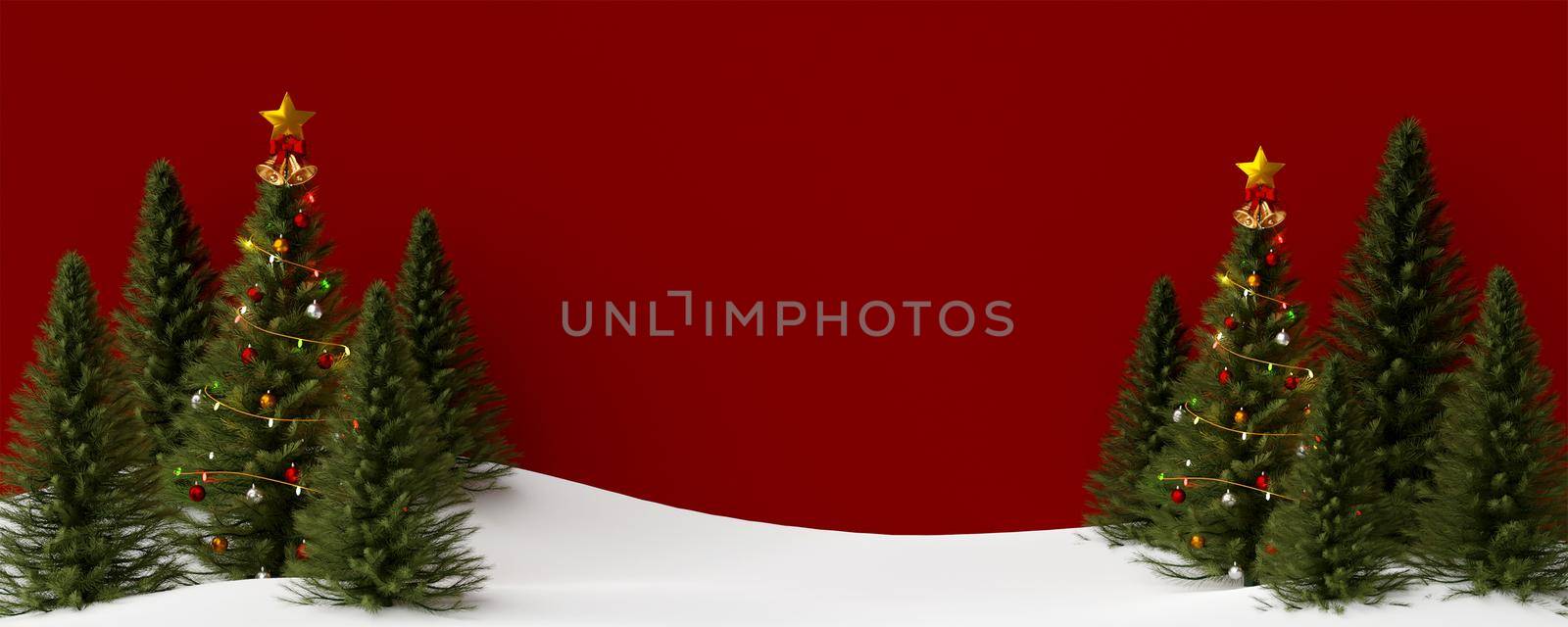 Christmas background, Christmas tree on snow ground with red background, 3d illustration