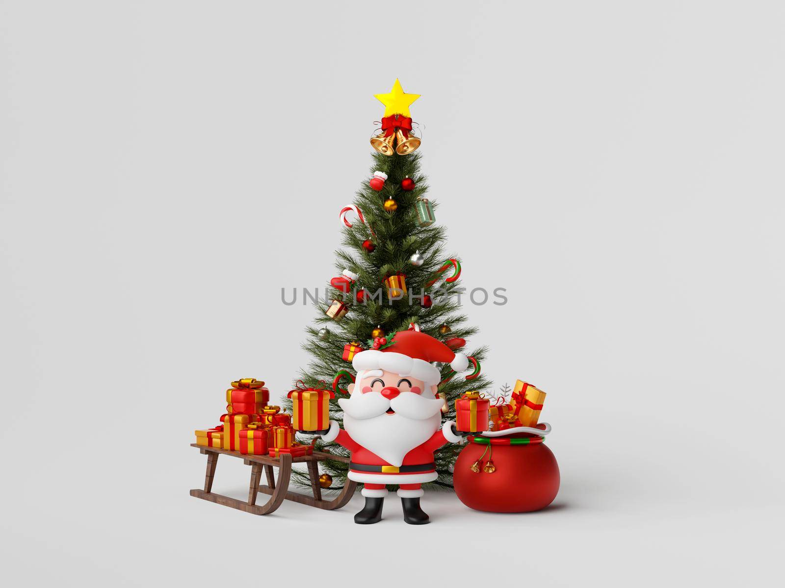 Christmas banner of Santa Claus with Christmas tree and gift, 3d illustration by nutzchotwarut