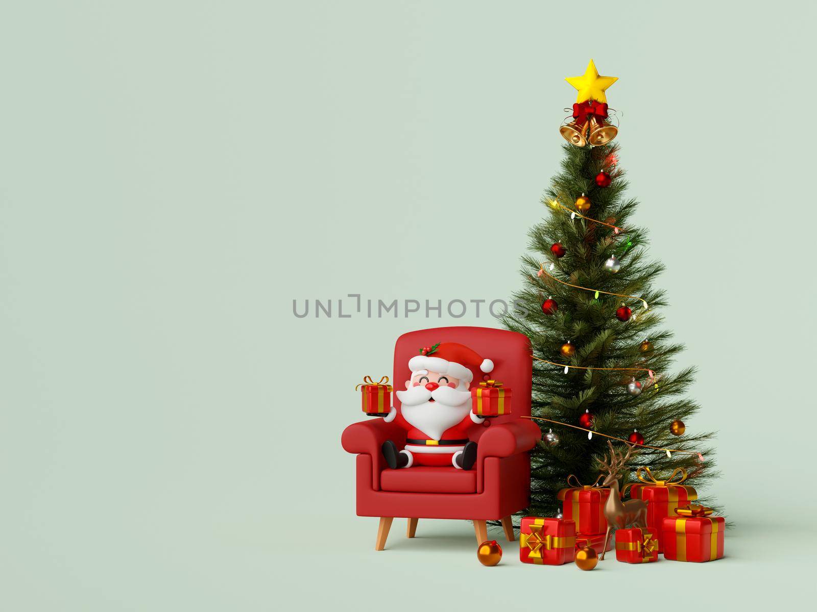 Christmas banner of Santa Claus with Christmas tree and gift, 3d illustration