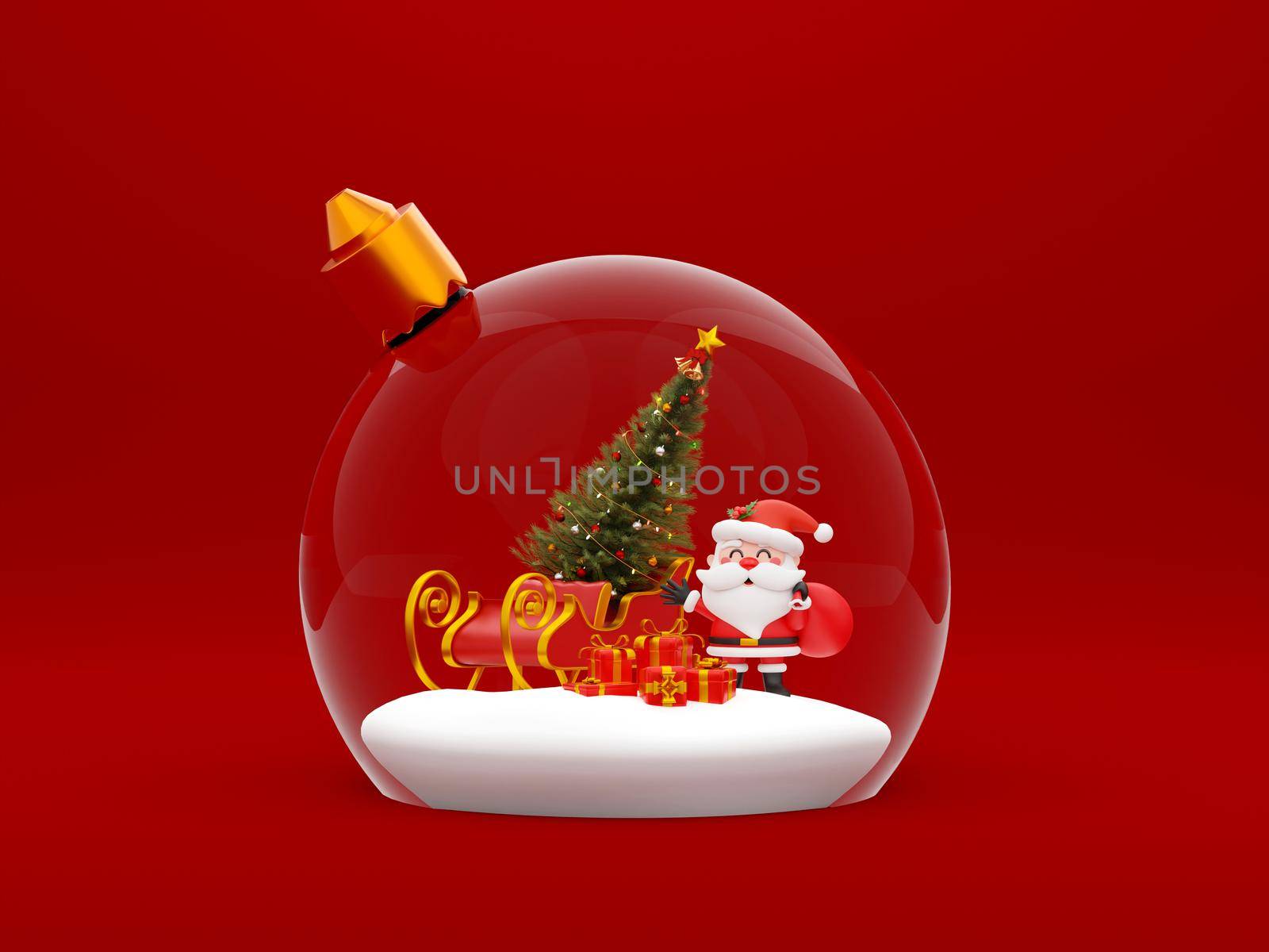 3d illustration of Santa Claus with sleigh in snow globe
