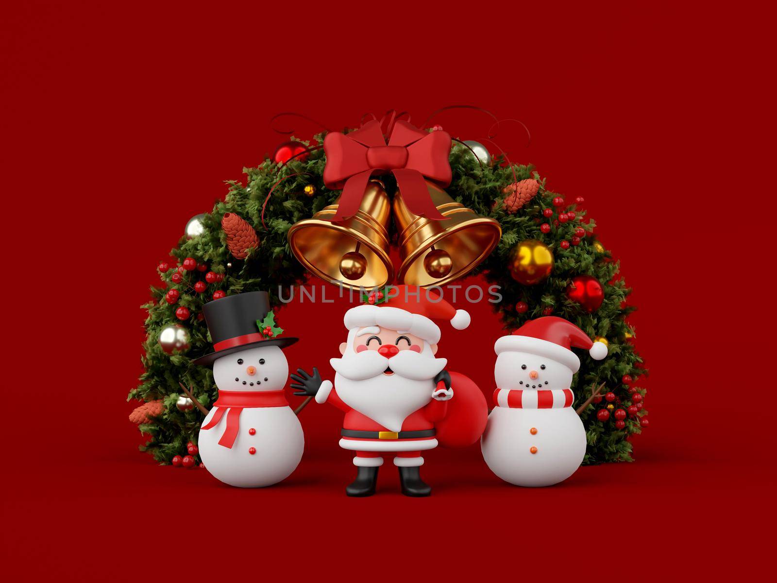 3d illustration Christmas banner of Santa Claus and snowman with Christmas wreath by nutzchotwarut