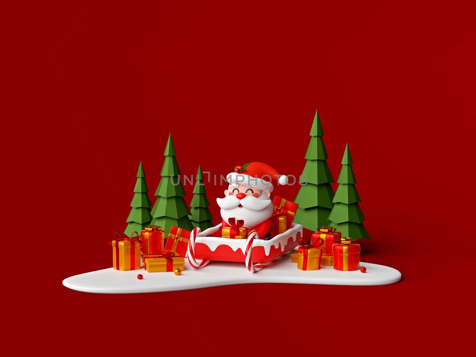 3d illustration of Santa Claus on sleigh with gift on snow ground