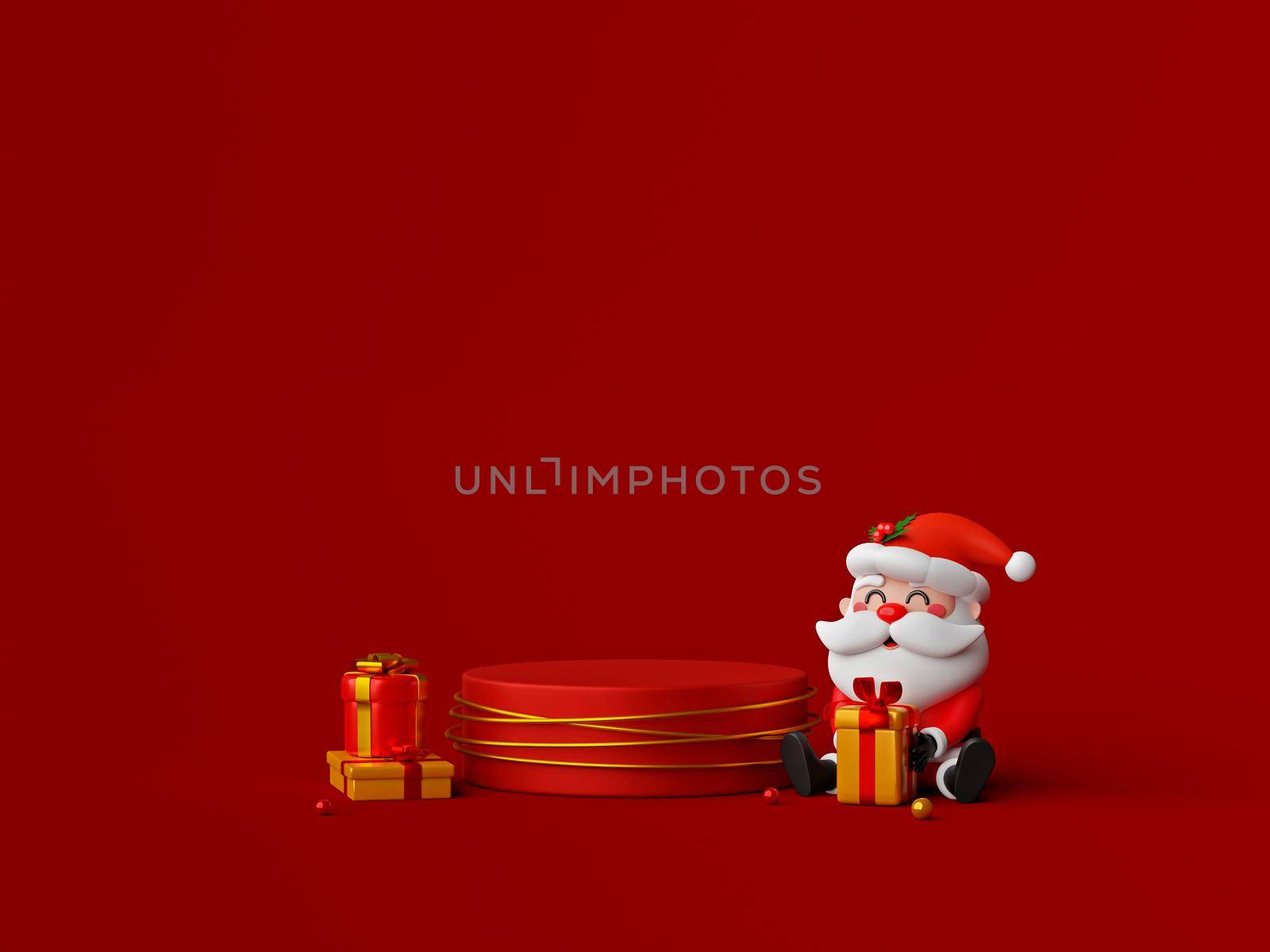 Santa Claus sit next to podium with Christmas gift, 3d illustration by nutzchotwarut