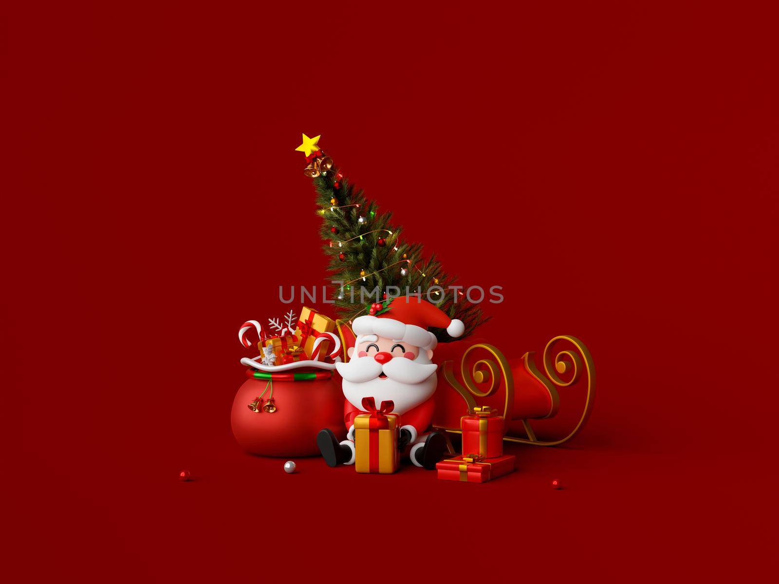 3d illustration of Santa Claus with sleigh and gift bag on red background