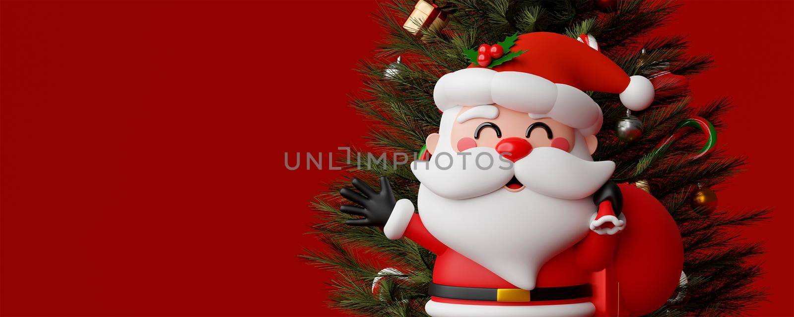 3d illustration Christmas banner of Santa Claus with Christmas tree by nutzchotwarut