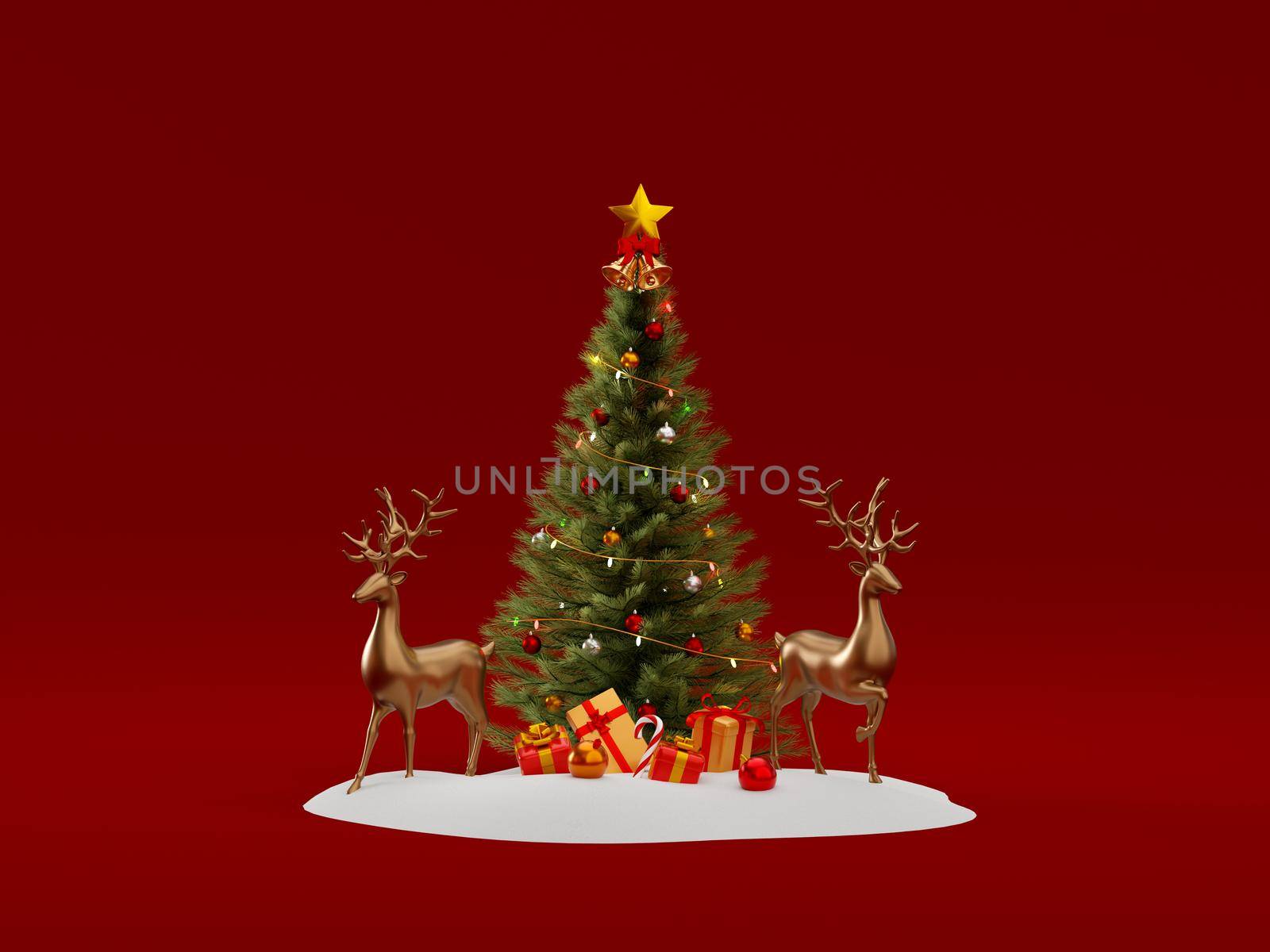 3d illustration of reindeer with Christmas tree on snow ground by nutzchotwarut