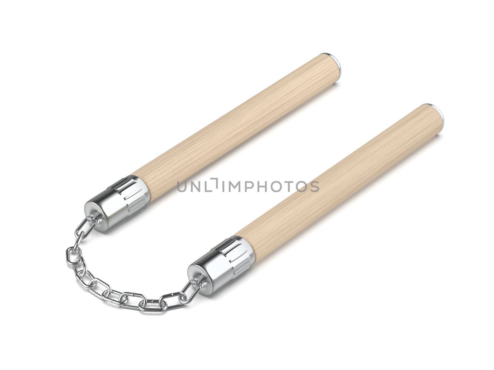 Wooden nunchaku with chain on white background