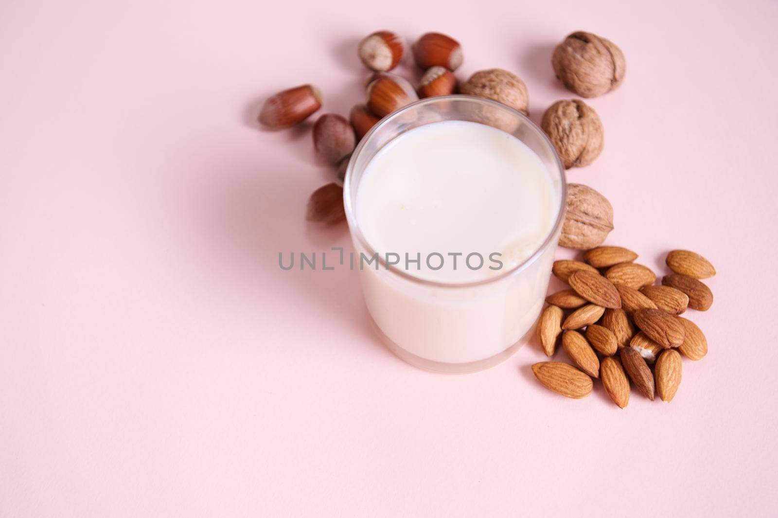 Close-up. Still life. Glass of healthy nutritious raw vegan plant based milk and assortment of nuts, almonds, walnuts and hazelnuts. Isolated on pink background. Copy advertising space. Vegetarianism