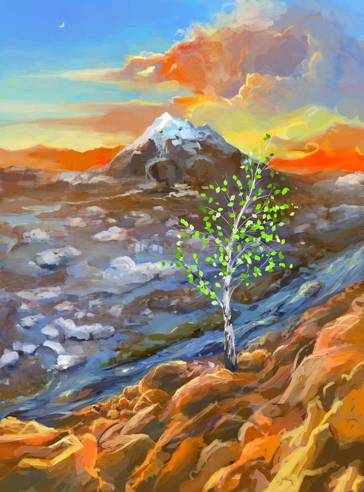 Scenic Spring Landscape Illustration with Rock and Spring Streams under clear sky.
