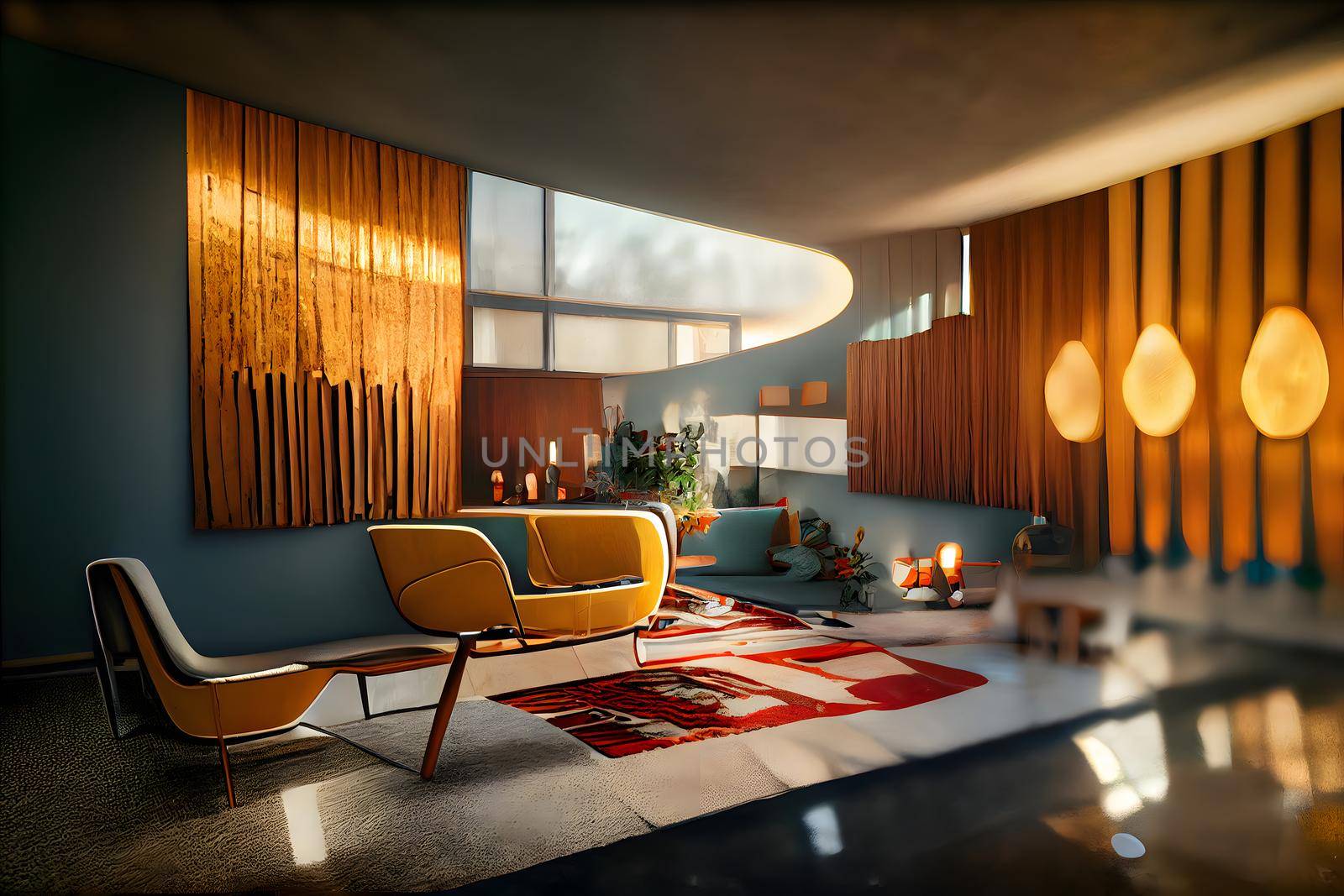 mid century modern style interior, neural network generated art. Digitally generated image. Not based on any actual scene or pattern.