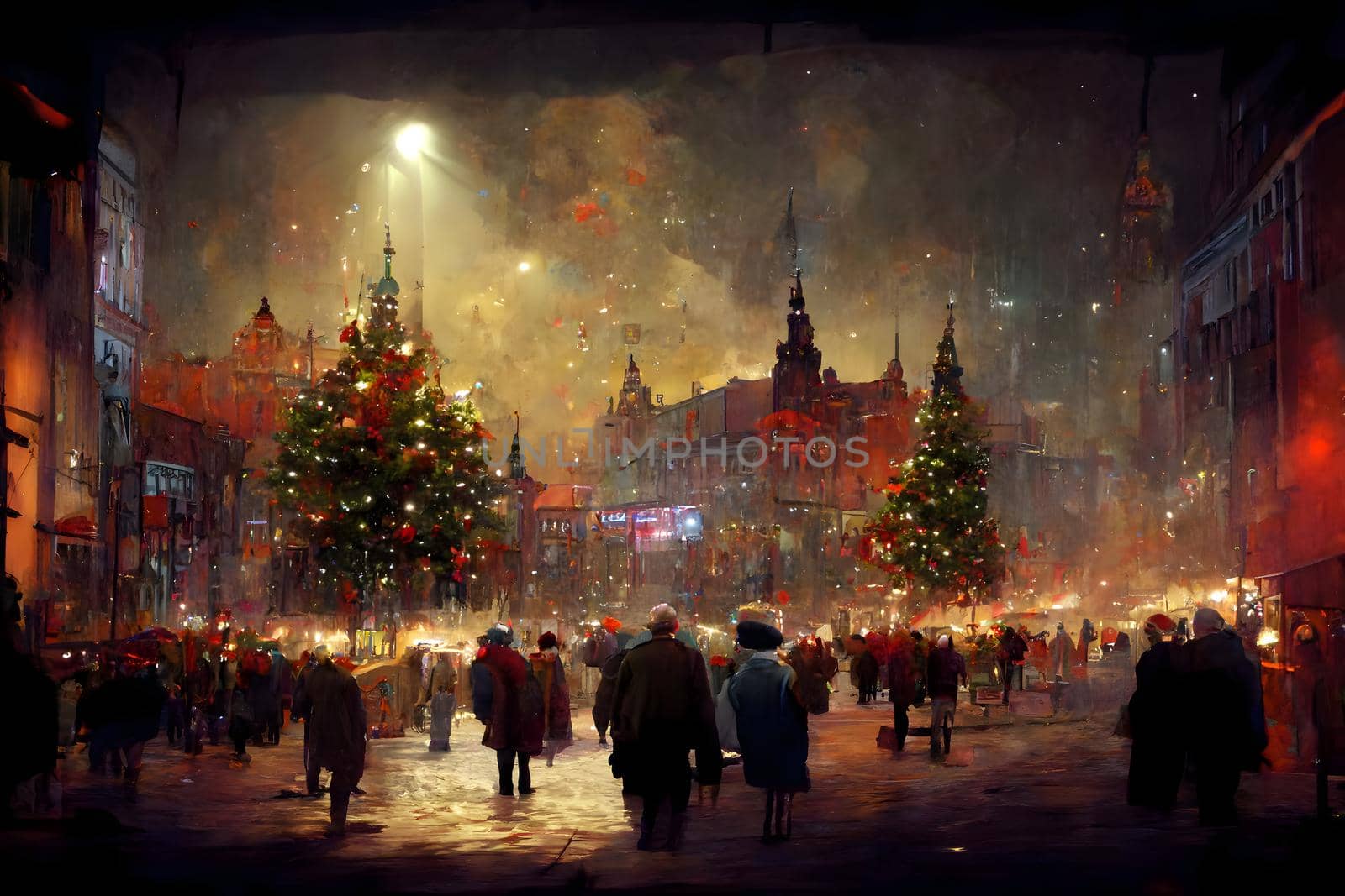 night crowded christmas european town street, neural network generated art. Digitally generated image. Not based on any actual scene or pattern.