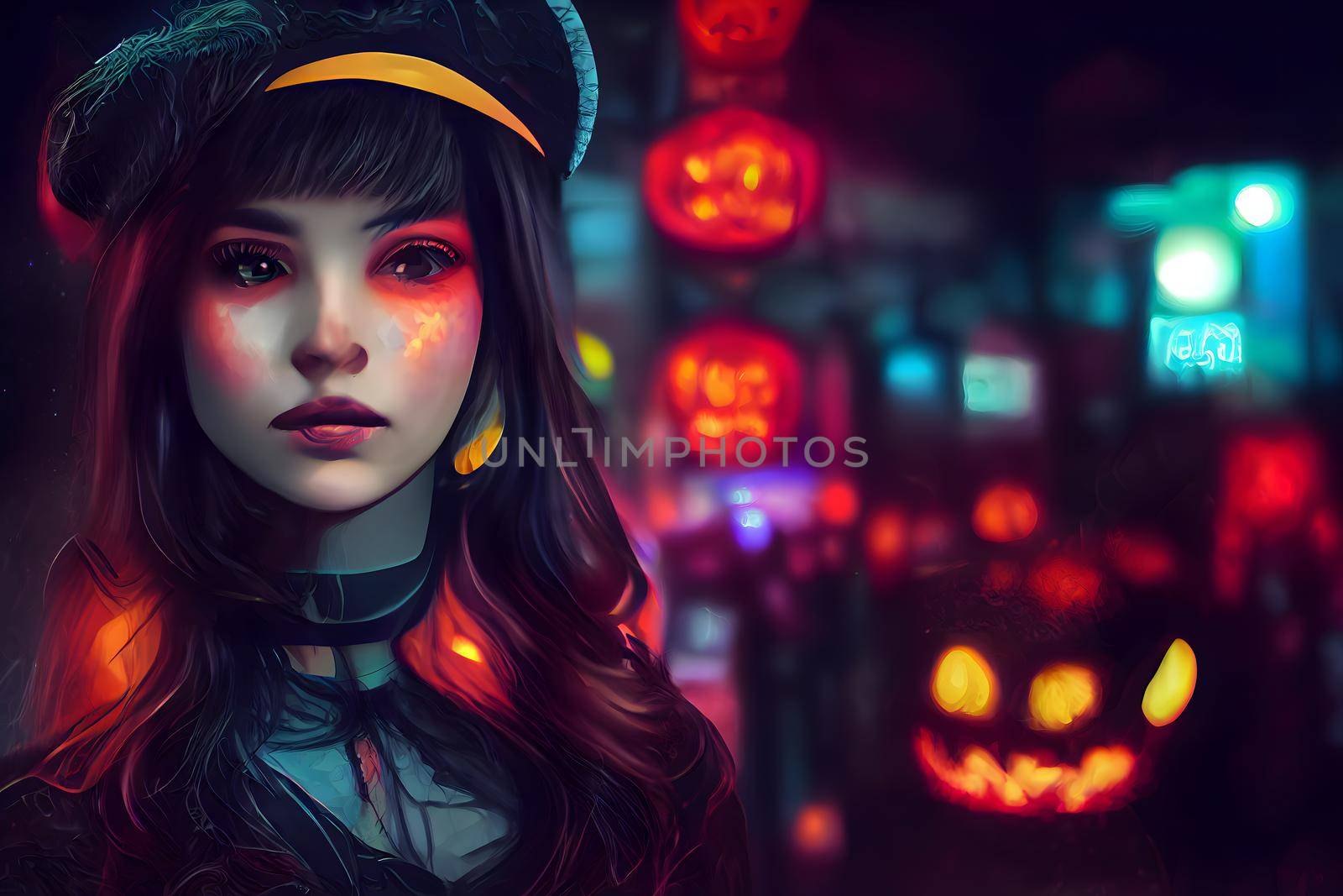 Caucasian woman at night in witch costume and makeup, halloween look, night illuminated street. Neural network generated art. Digitally generated image. Not based on any actual scene or pattern.