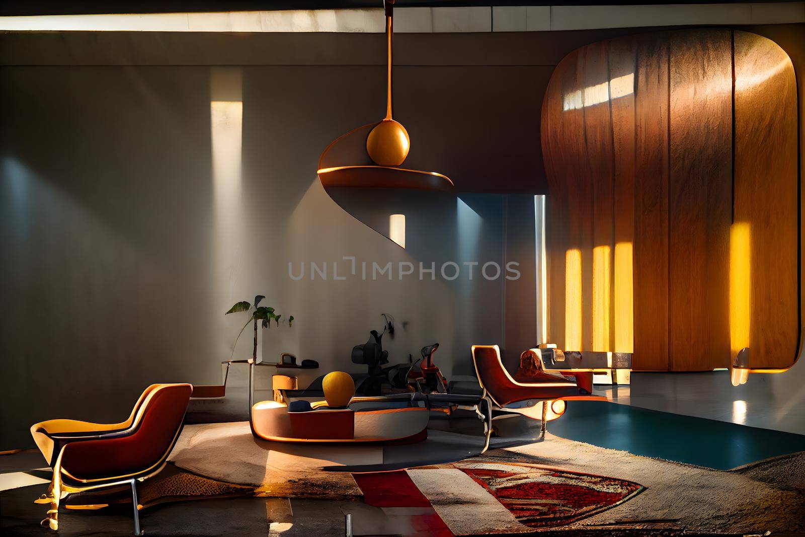 mid century modern style interior, neural network generated art. Digitally generated image. Not based on any actual scene or pattern.