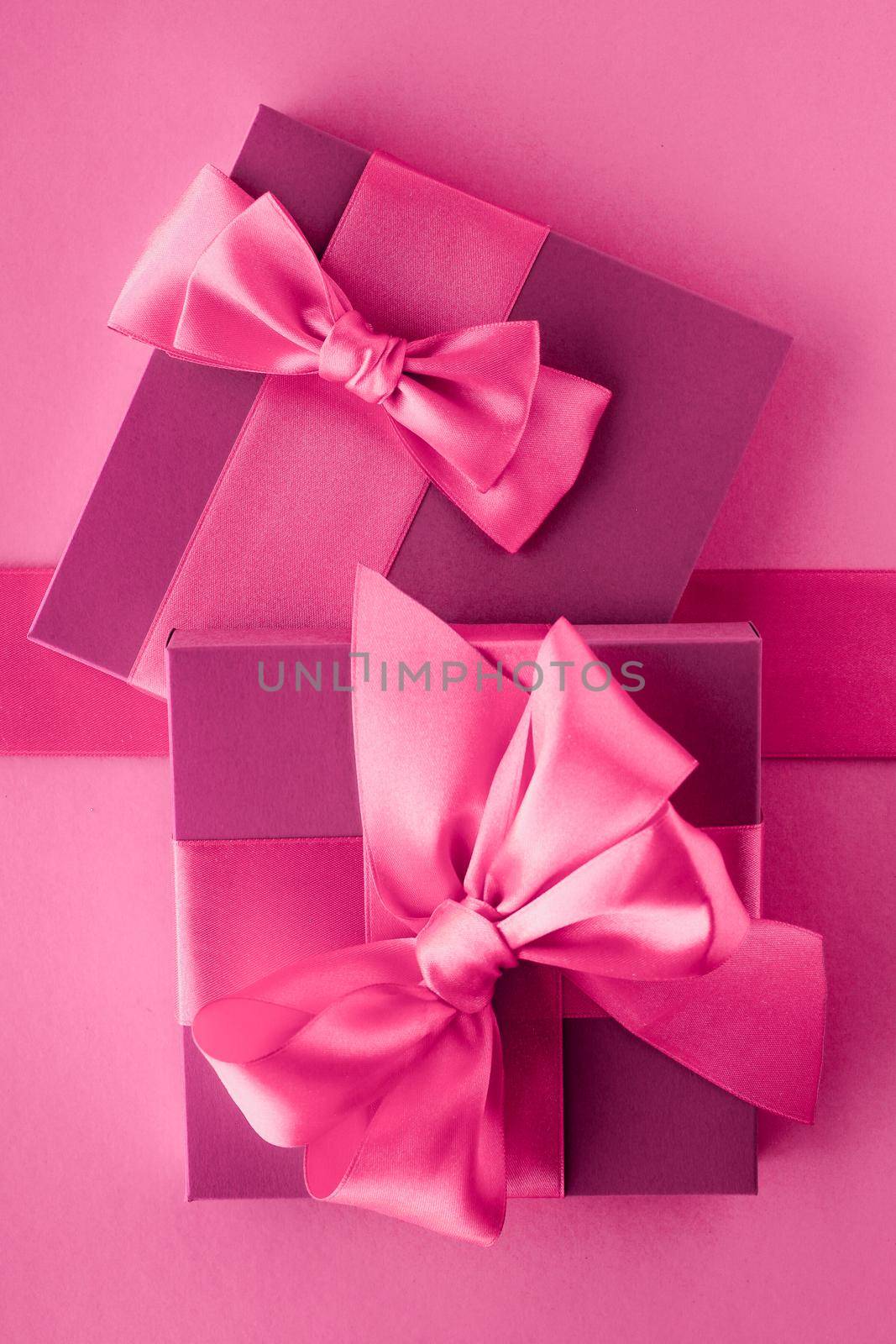 Pink gift boxes, feminine style flatlay background by Anneleven