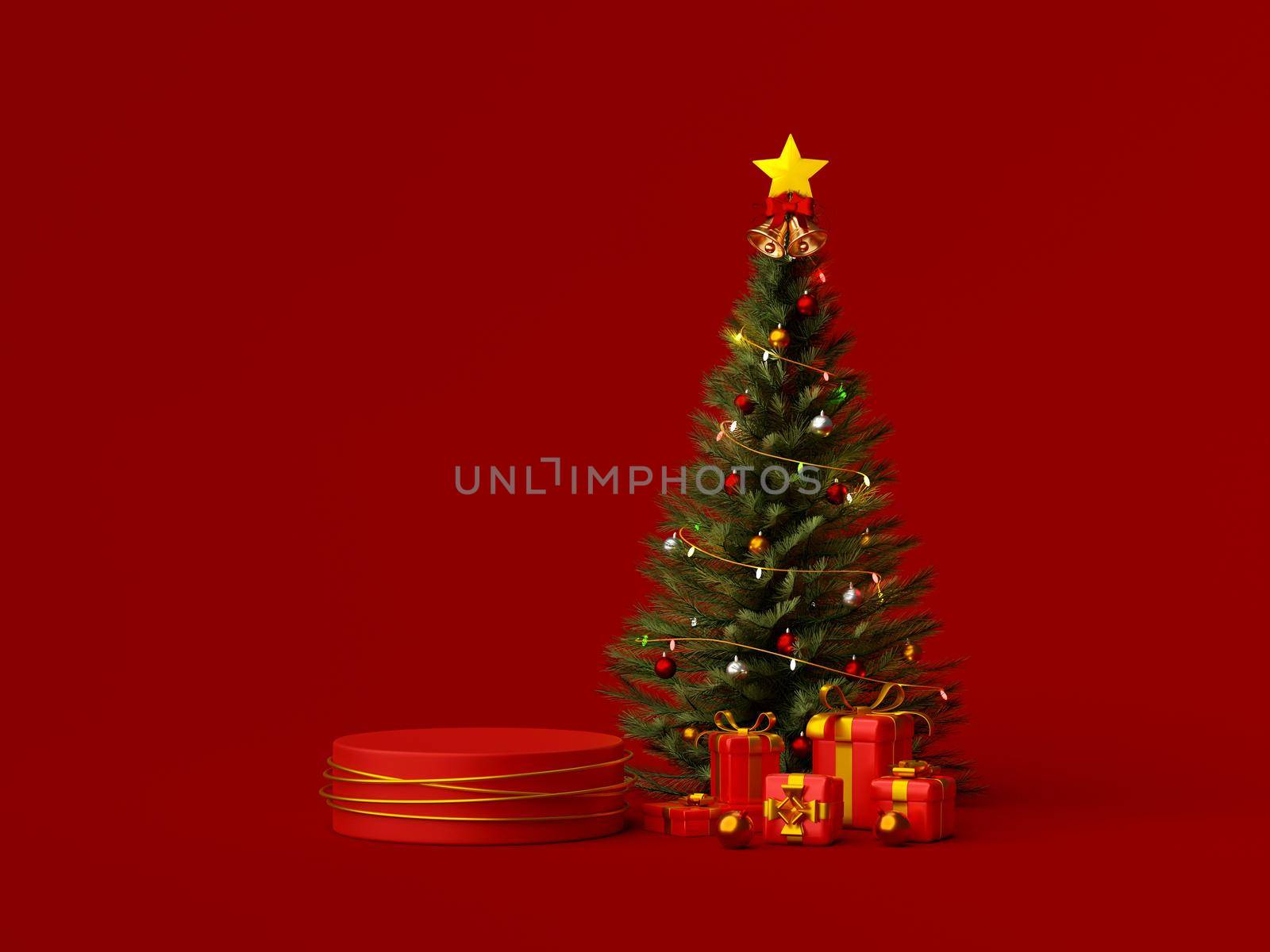Product podium with Christmas tree and gift for advertisement, 3d illustration