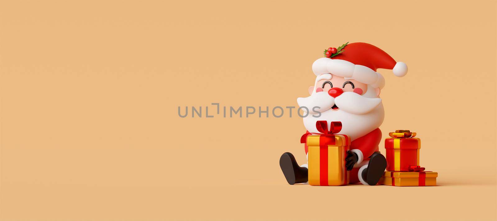 3d illustration Christmas banner, Santa Claus with Christmas gift, Merry Christmas by nutzchotwarut