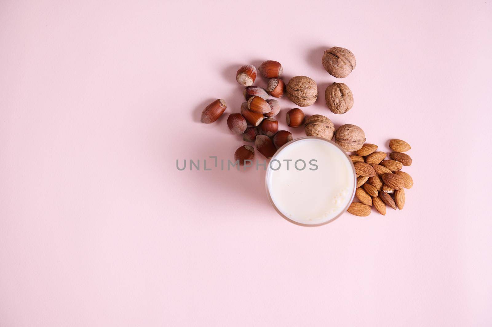Flat lay. Still life. Glass of healthy nutritious raw vegan plant based milk and assortment of nuts, almonds, walnuts and hazelnuts. Isolated on pink background. Copy advertising space. Vegetarianism