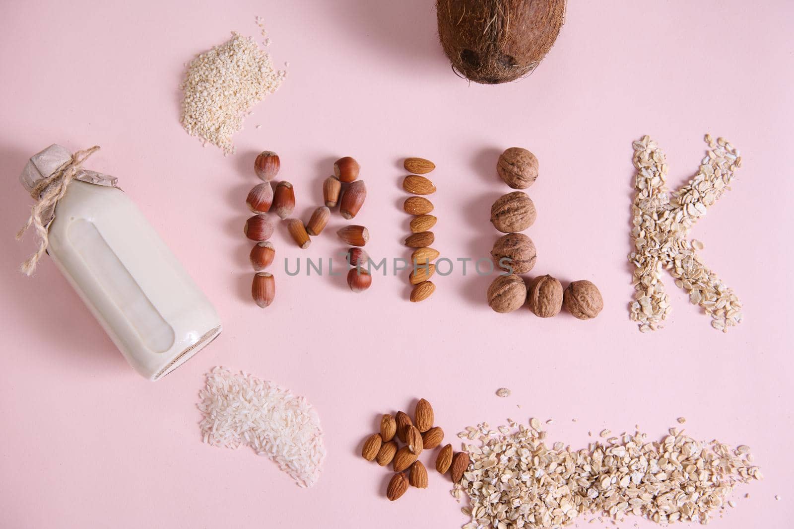 Alternative organic raw vegan healthy drink, made from rice, sesame, coconut, oats, almonds, walnuts and hazelnuts