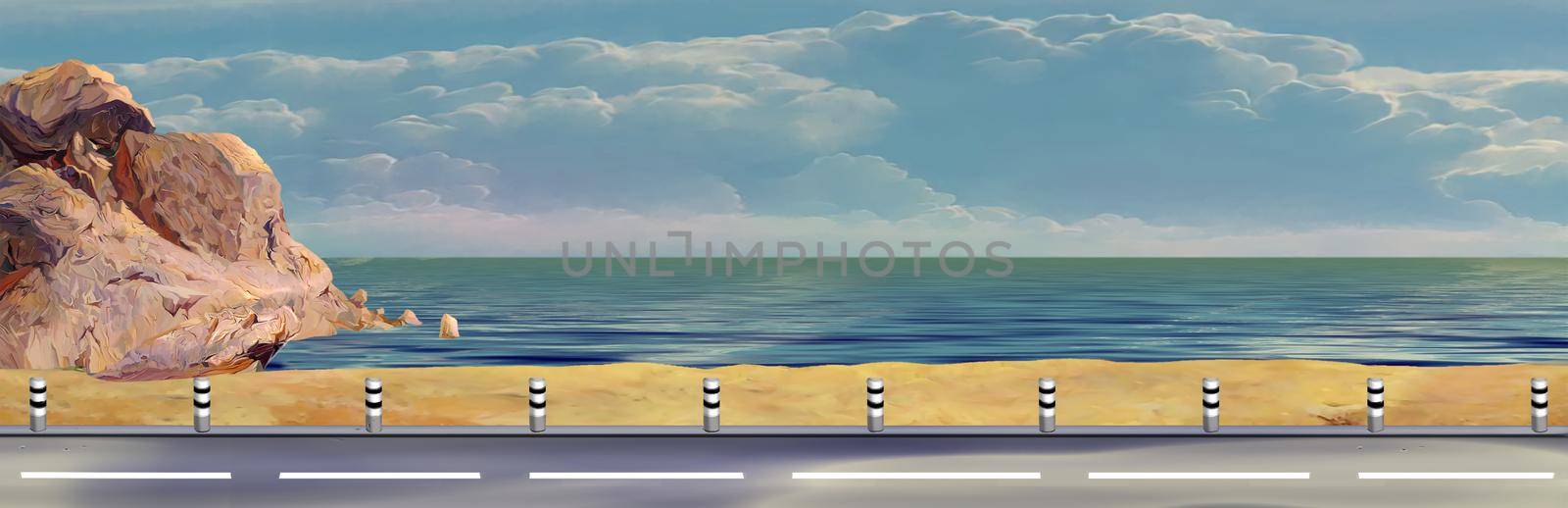 Scenic road along the sea on a sunny summer day. Digital Painting Background, Illustration.
