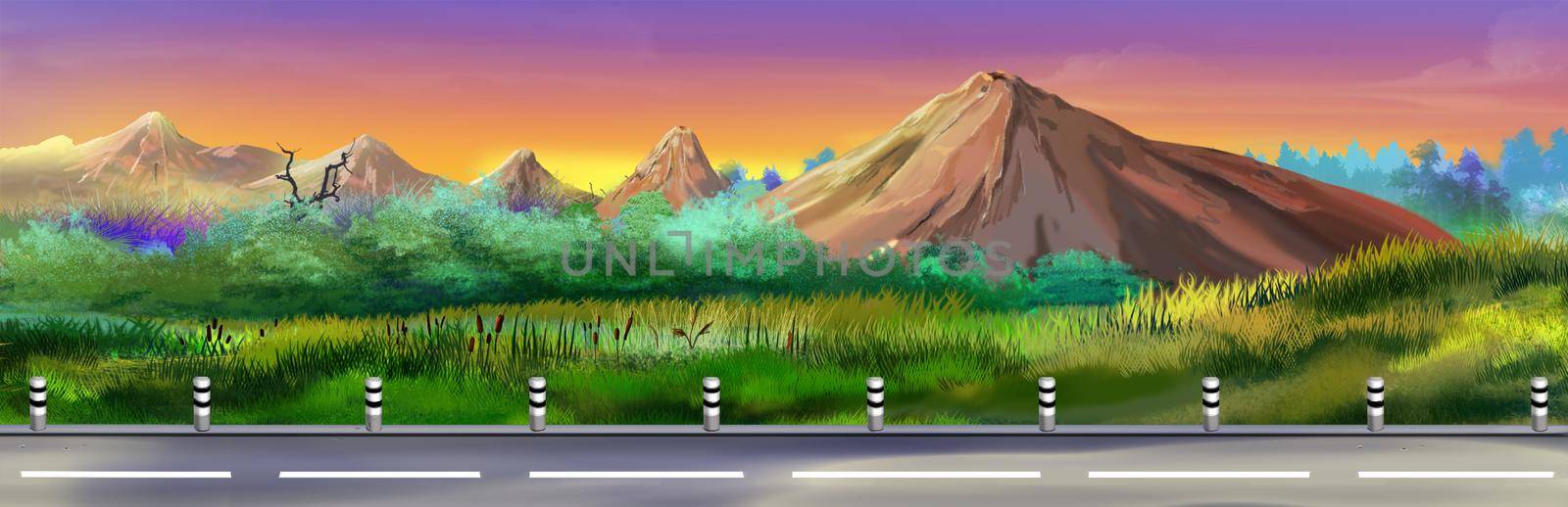 Suburban highway in the mountains on a sunny summer day. Digital Painting Background, Illustration.