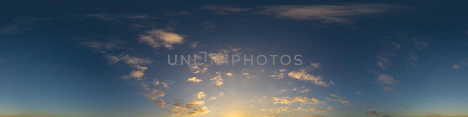 Sky panorama with Cirrus clouds in Seamless spherical equirectangular format. Full zenith for use in 3D graphics, game and editing aerial drone 360 degree panoramas for sky replacement