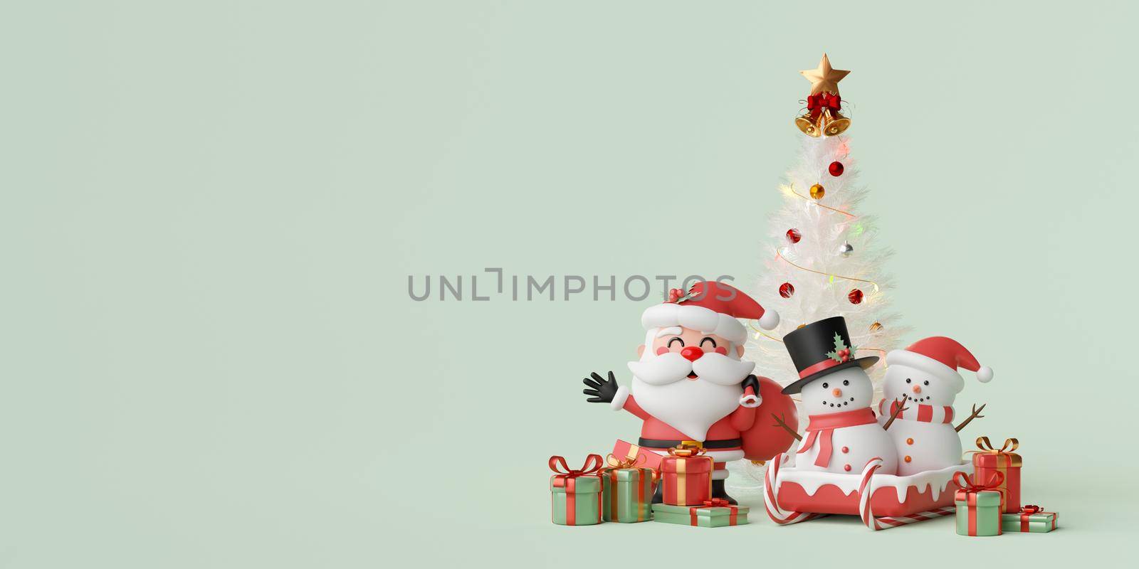 Christmas theme banner of Santa Claus and snowman with Christmas tree and gift box, 3d illustration by nutzchotwarut