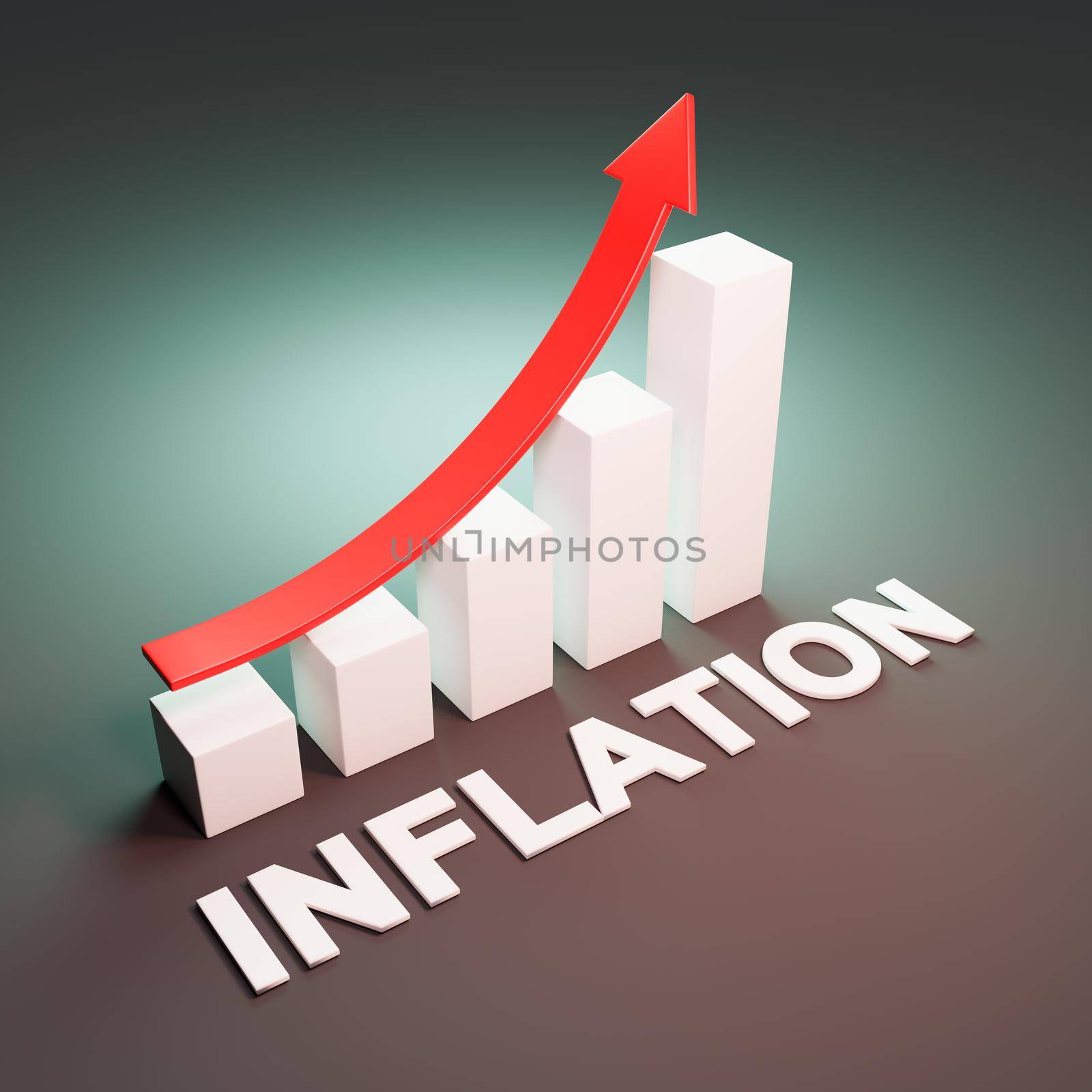 Growing White Bar Chart with Rising Red Arrow and Inflation Text on Dark Background 3D Render Illustration