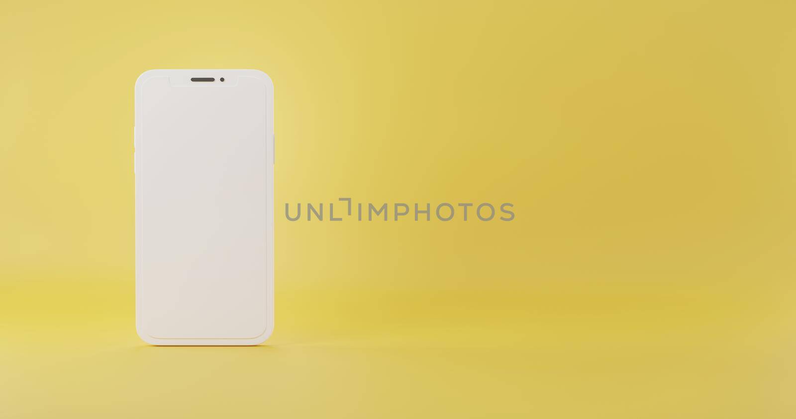 Smartphone golden model mock up white color blank screen render, Minimal mobile phone isolated on yellow background, 3D rendering illustration