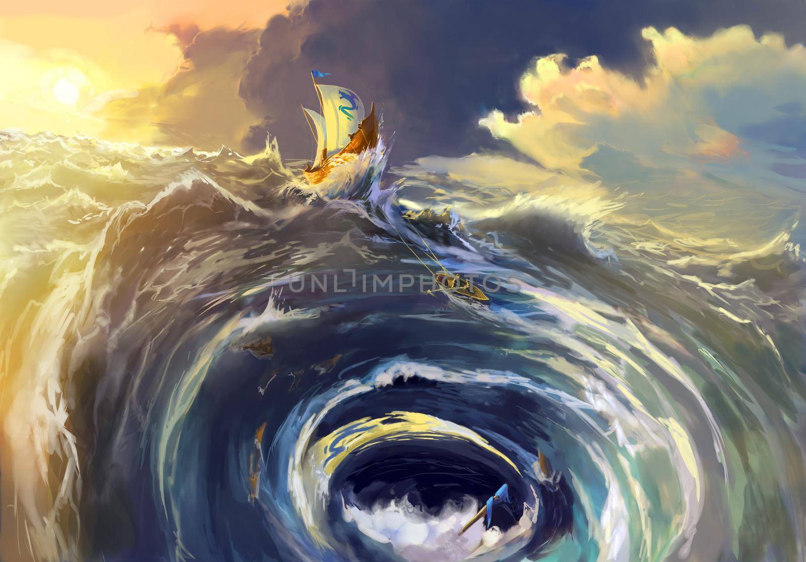 the ship was in the whirlpool Maelstrom. Nautical Scenic Landscape Illustration of Maelstrom.