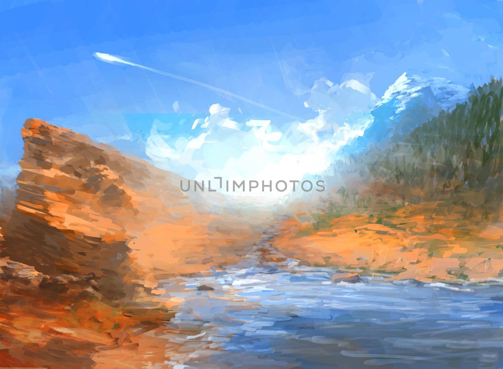 Travel Landscape Illustration with river coast and Mountains under blue sky. Beautiful Nature Scenery.