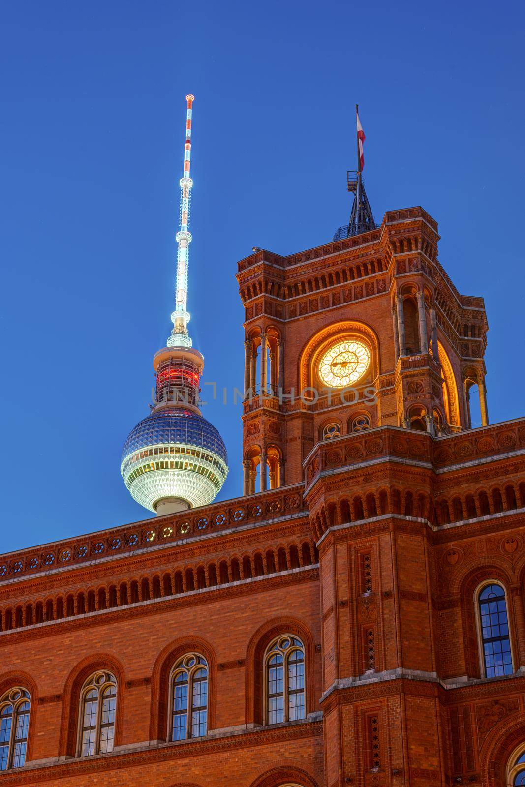 The town hall and the famous Television Tower in Berlin at night