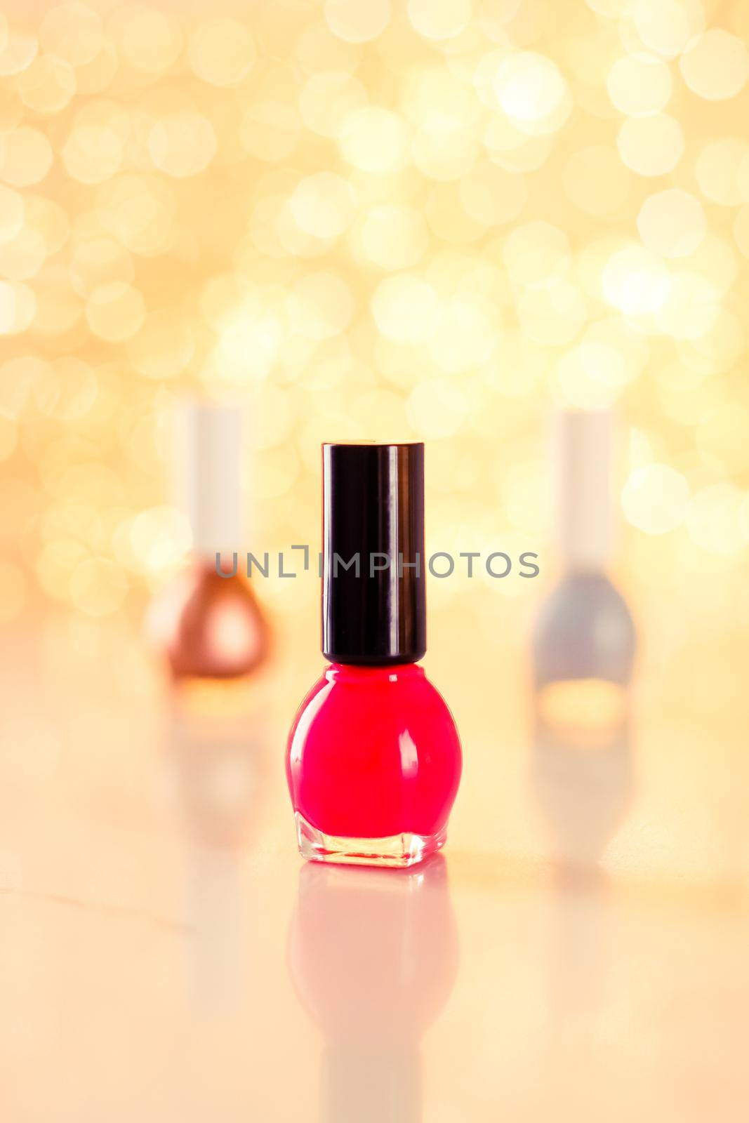 Beauty, make-up and cosmetics concept - Nail polish bottles, manicure and pedicure collection