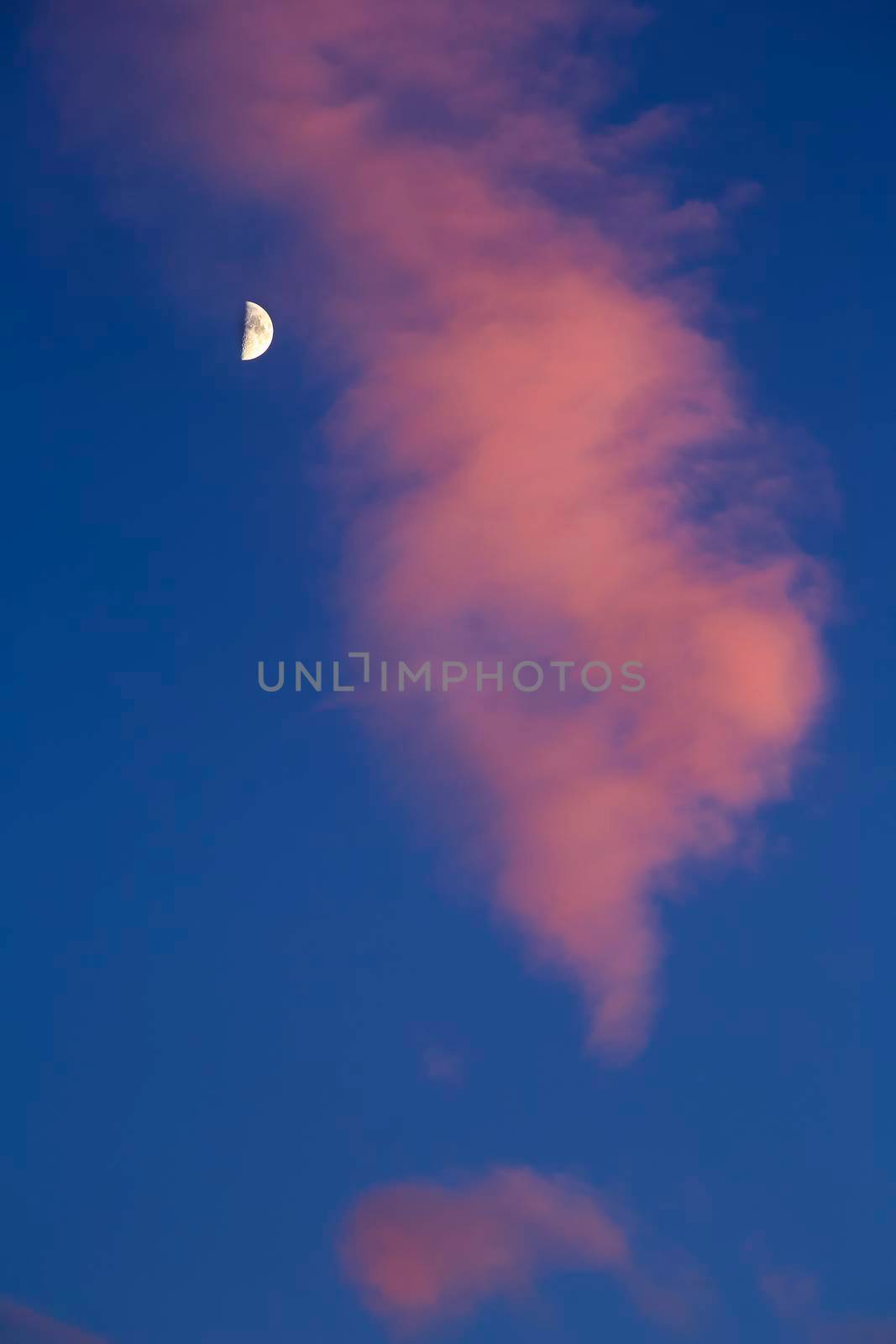 Crescent moon between pink clouds on blue sky in southern Spain in summer