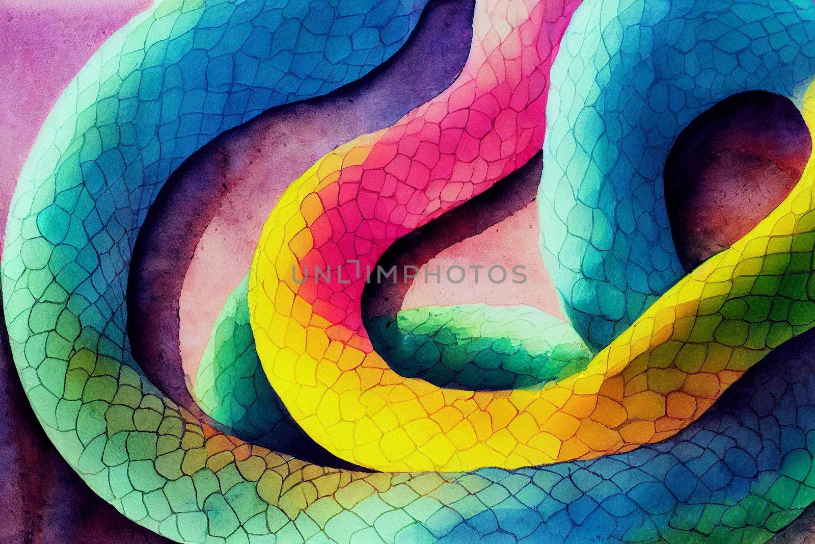 3D Render of Snake digital art painting. Watercolor Animals, pastel colors.